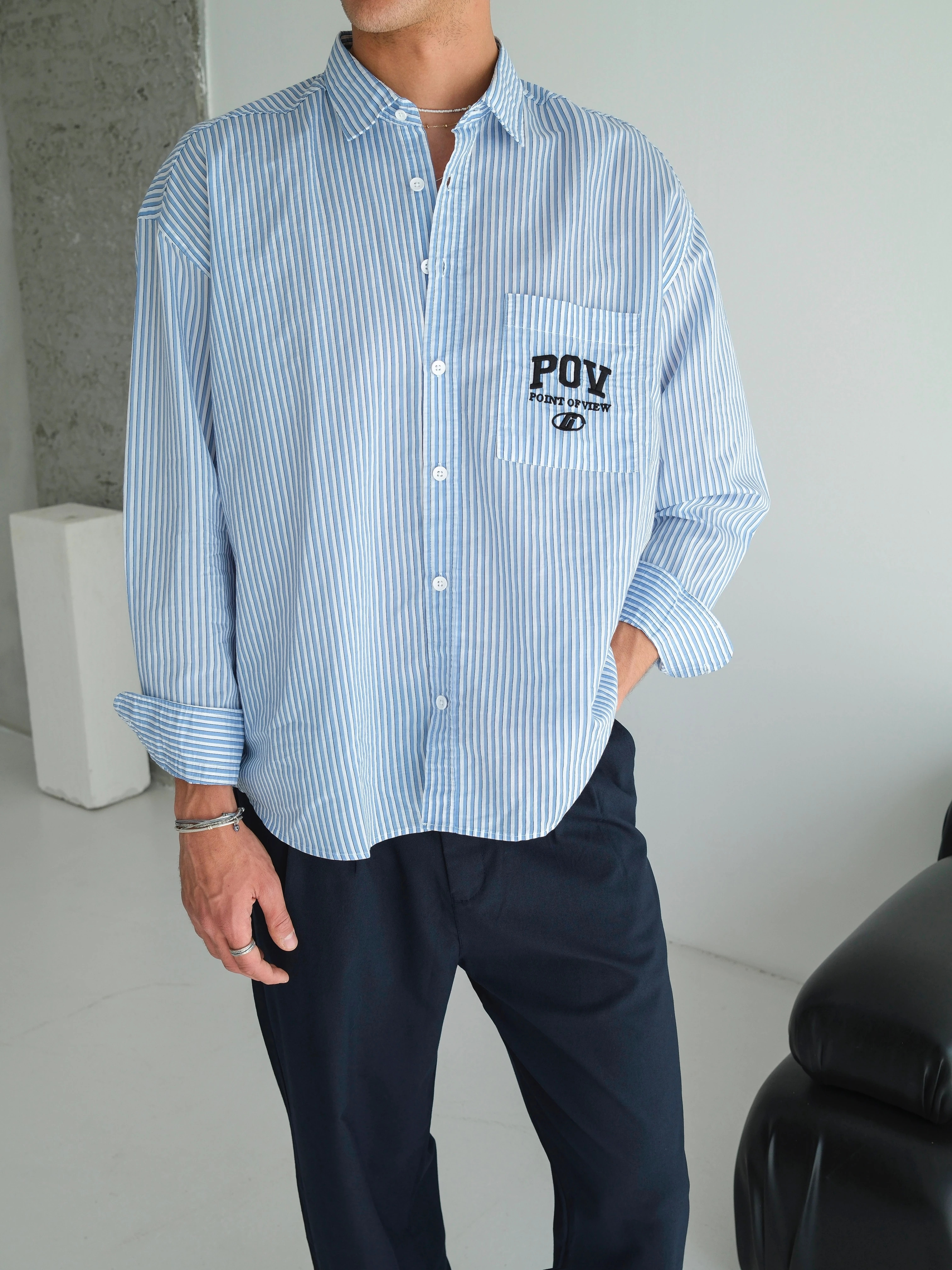 Oversize POV Yazılı Çizgili Gömlek