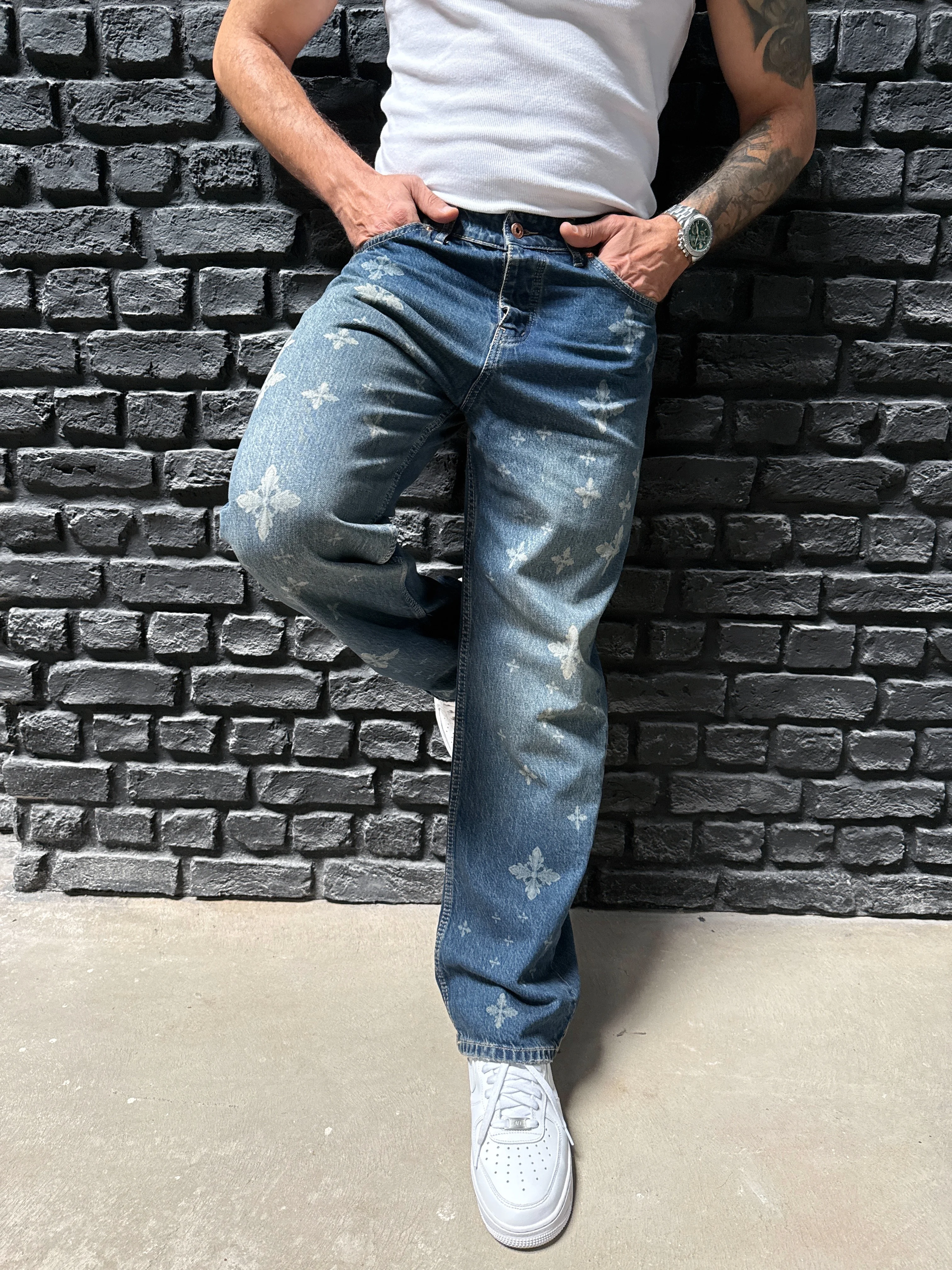 Bol Kalıp Desenli Tasarım Kot Pantolon