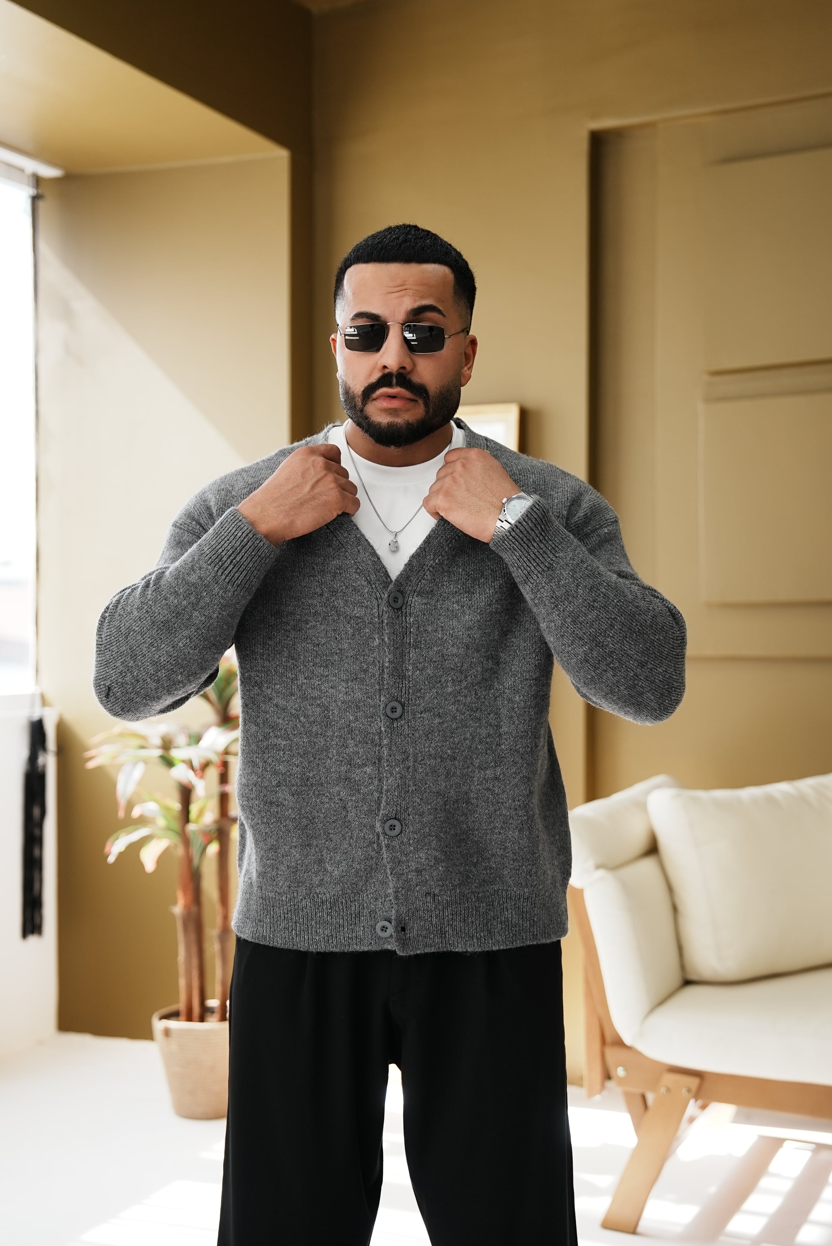 Oversize V Yaka Düğmeli Triko Hırka