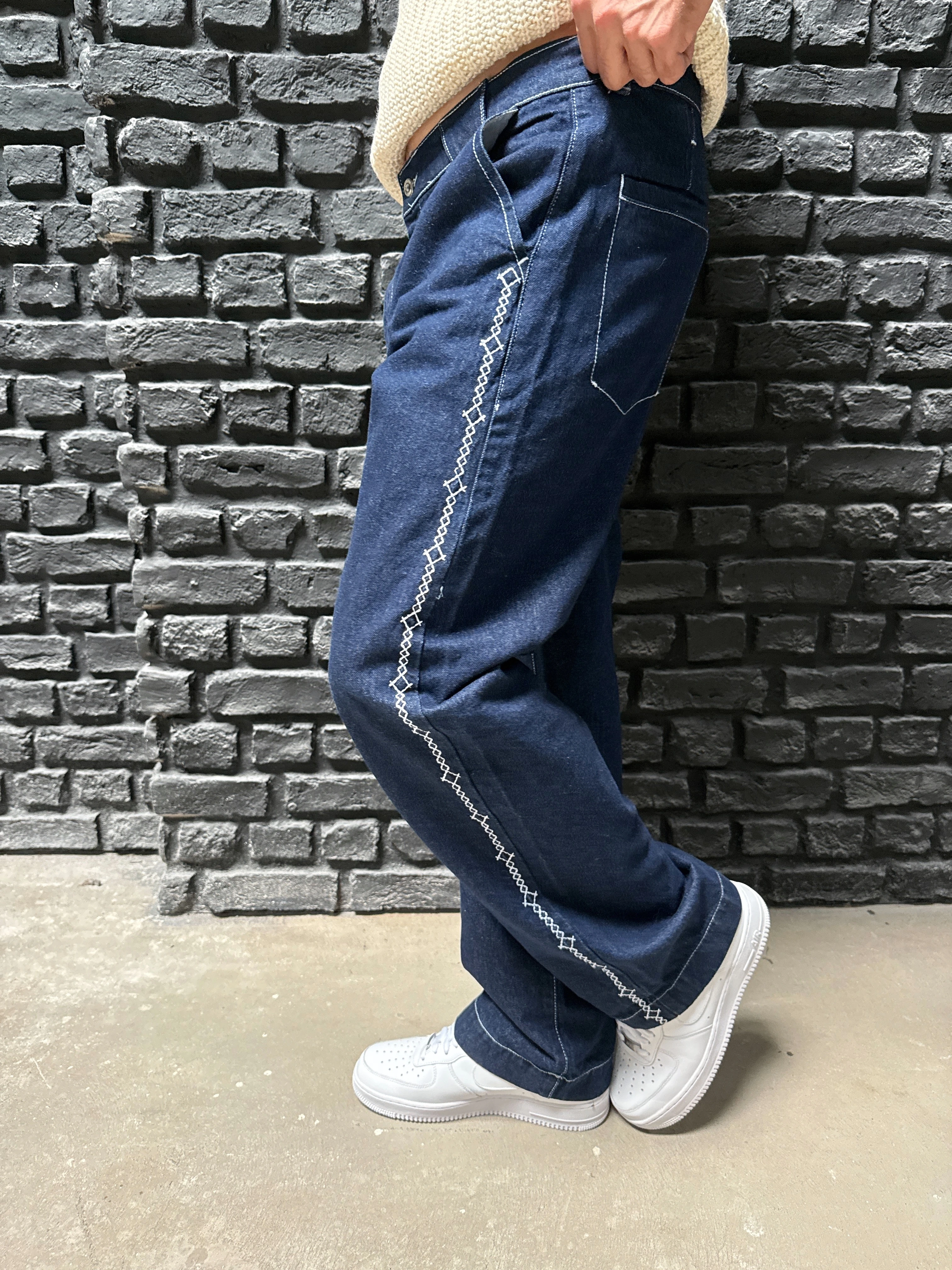 Baggy Fit Yanı İşleme Detay Tasarım Kot Pantolon - Mavi