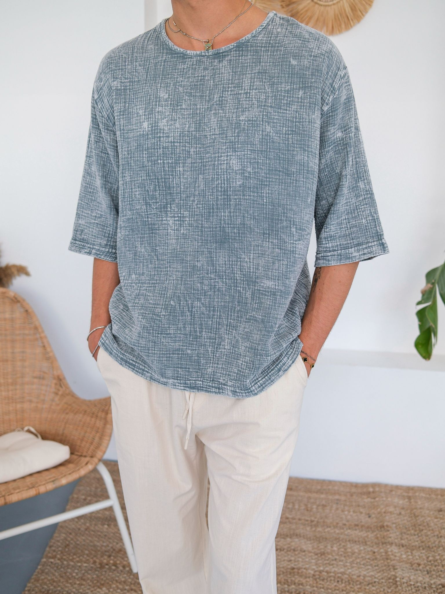 Oversize Müslin Kumaş Fakir Kol Tshirt - Açık Mavi