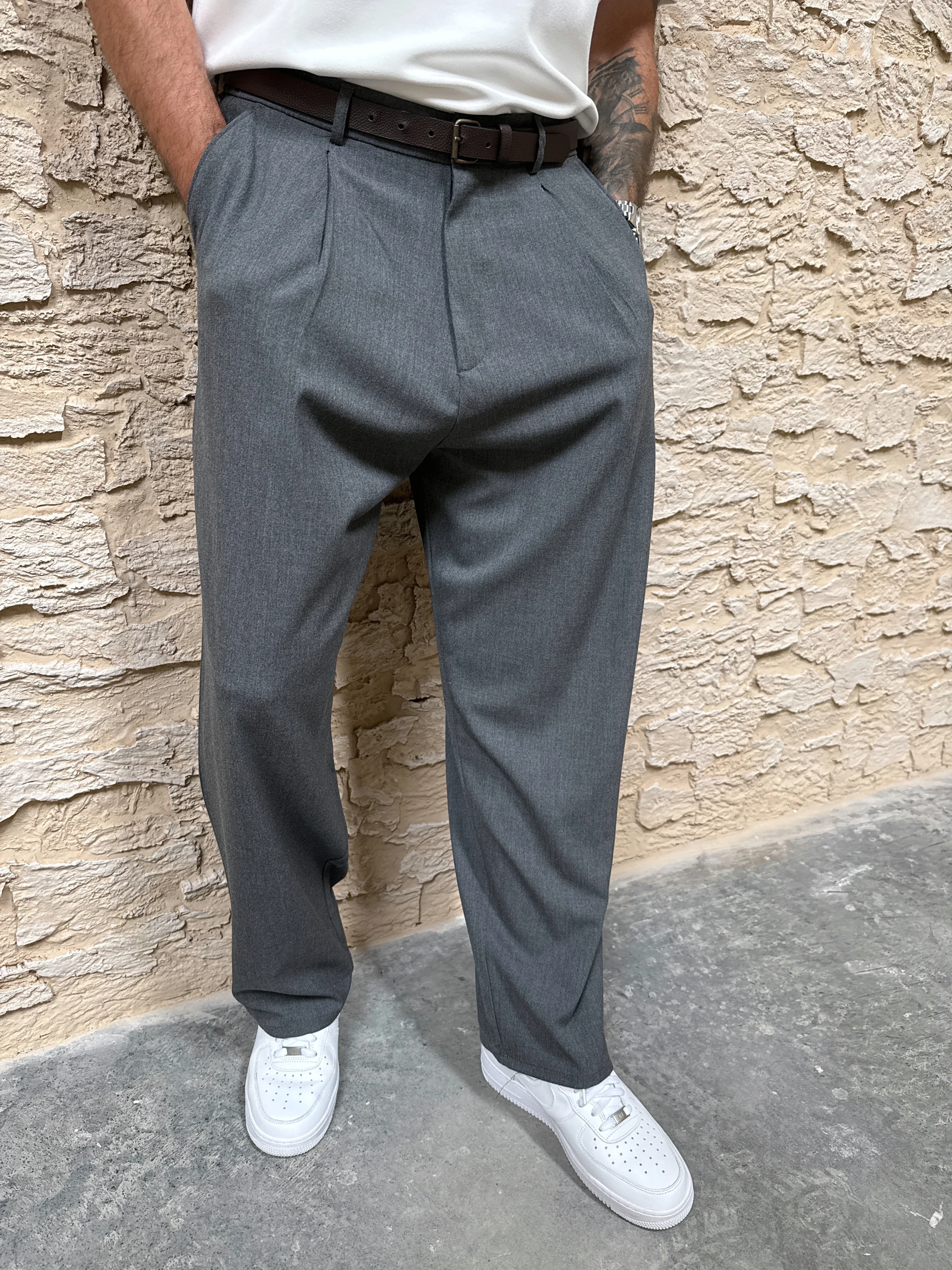 Pileli Baggy Kumaş Pantolon - Gri