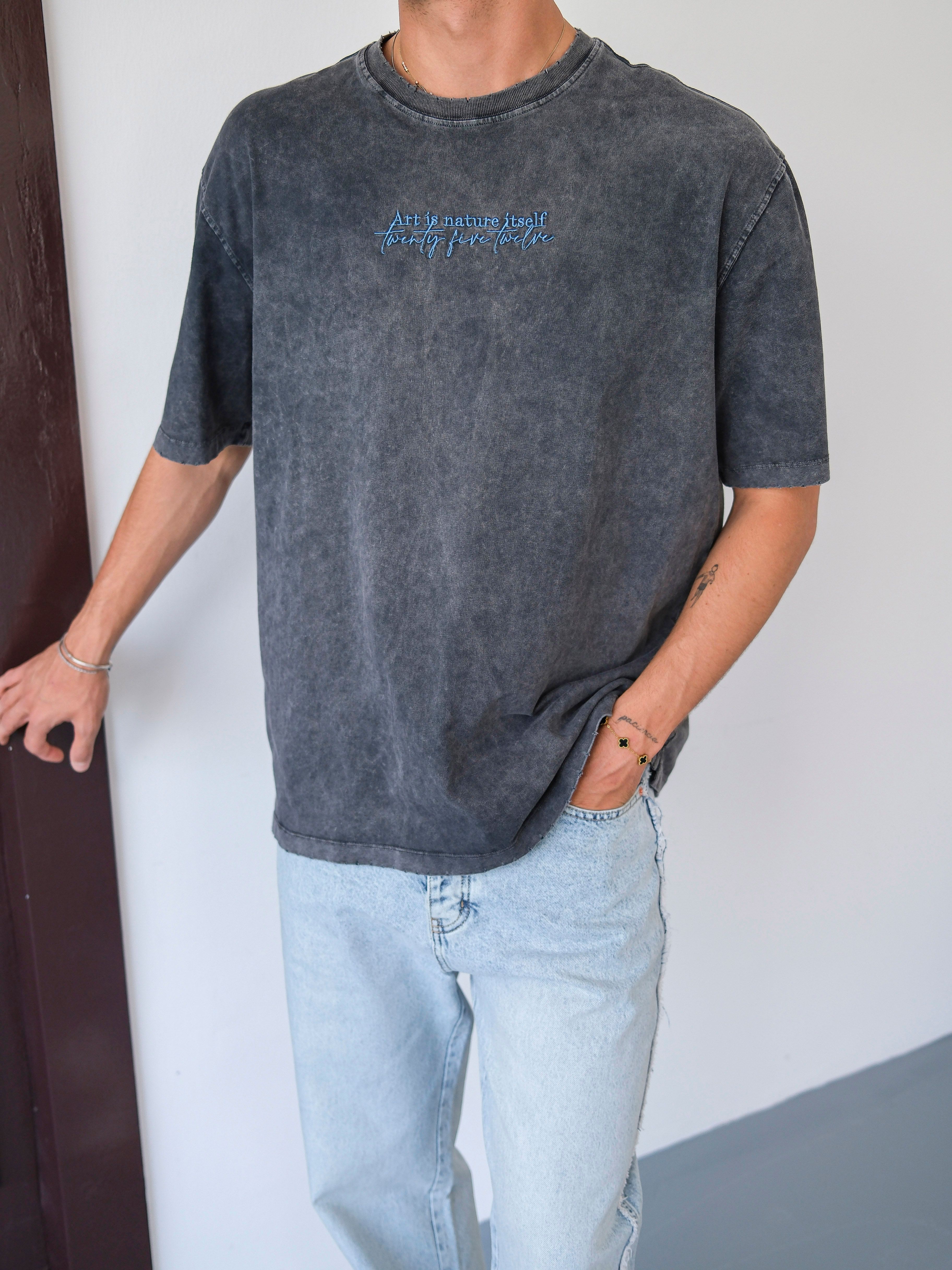 Oversize Yıkamalı Sırt Baskılı Tshirt- Antrasit