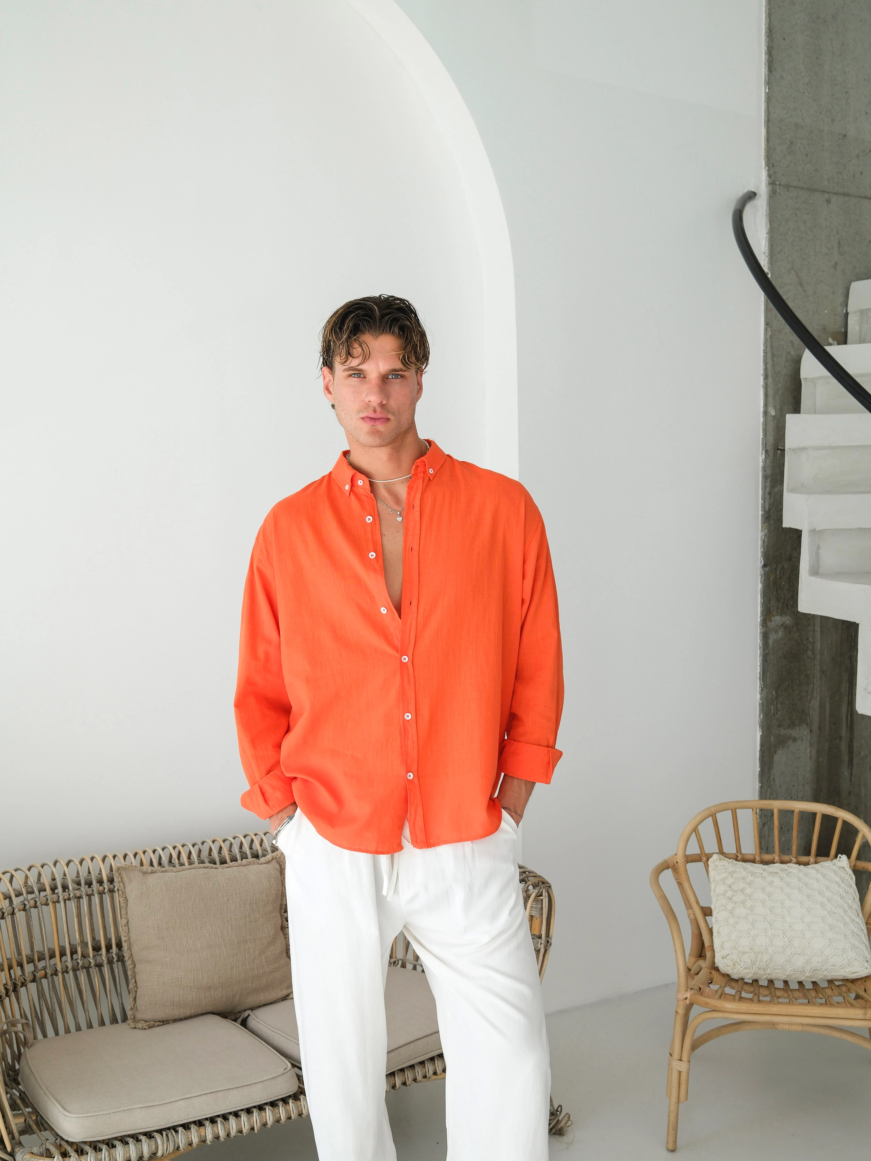 Oversize Fresh Keten Gömlek- Turuncu