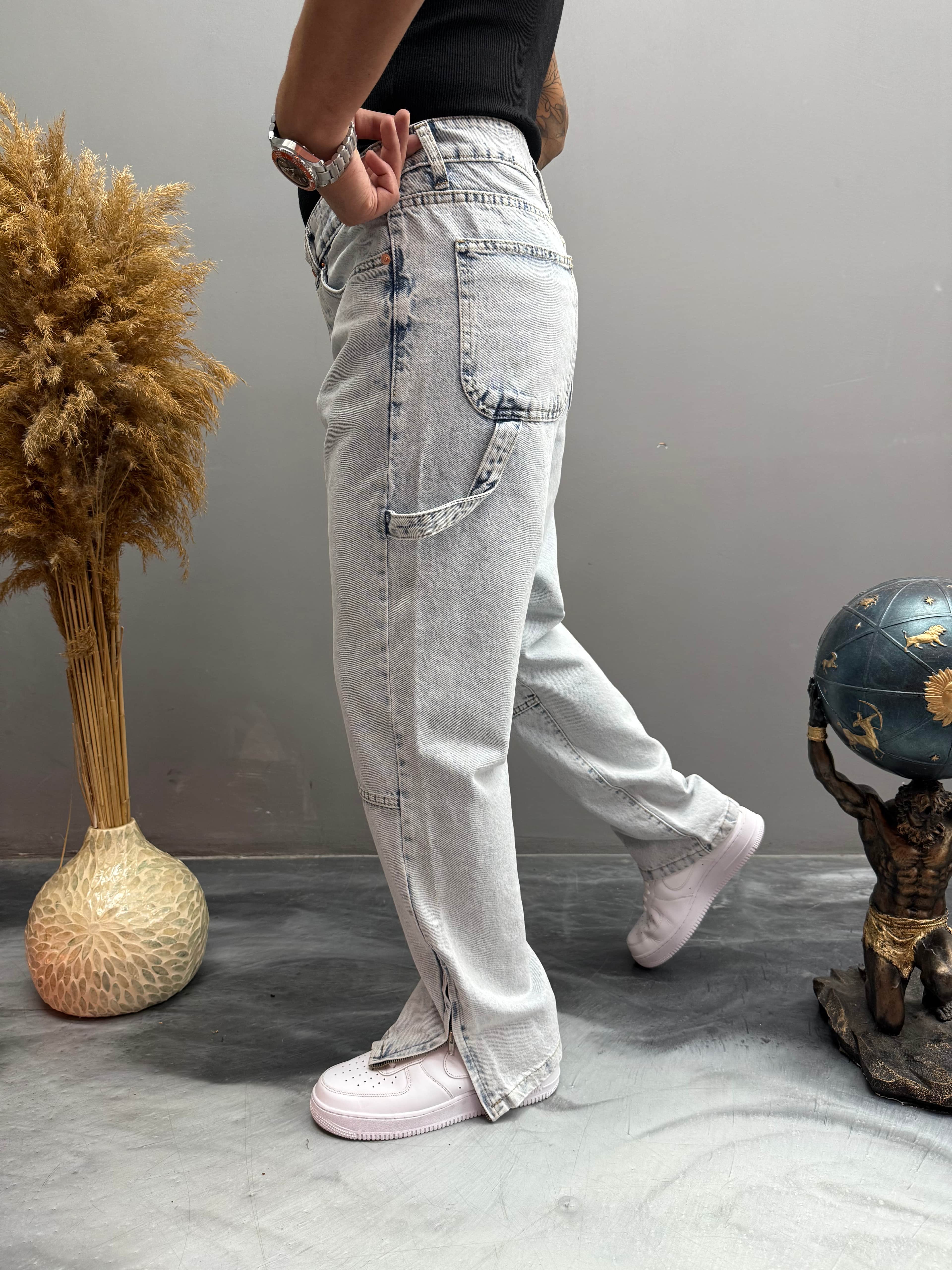 Baggy Kalıp Paçası Fermuar Detalı Kot Pantolon- Mavi