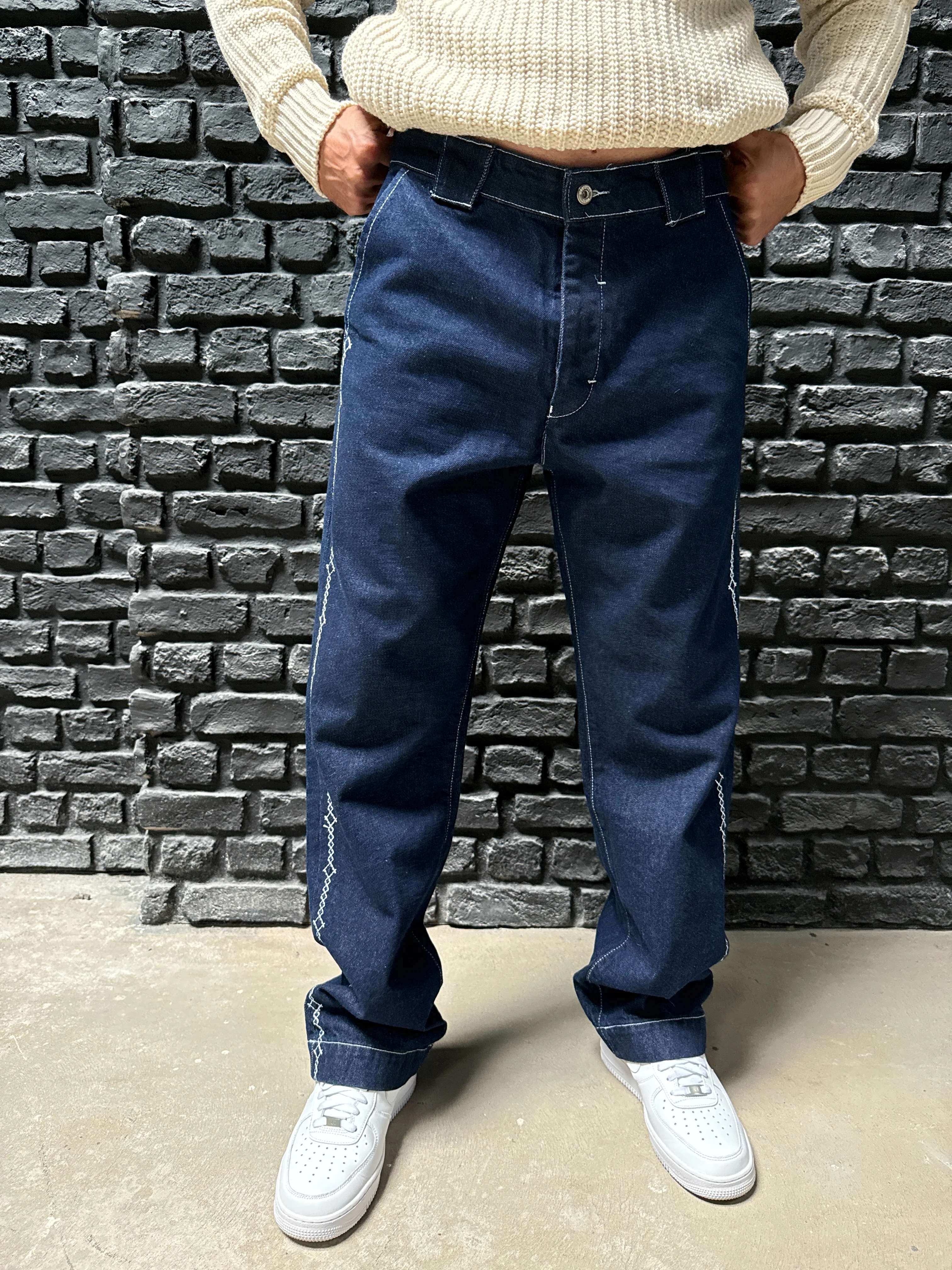 Baggy Fit Yanı İşleme Detay Tasarım Kot Pantolon - Mavi