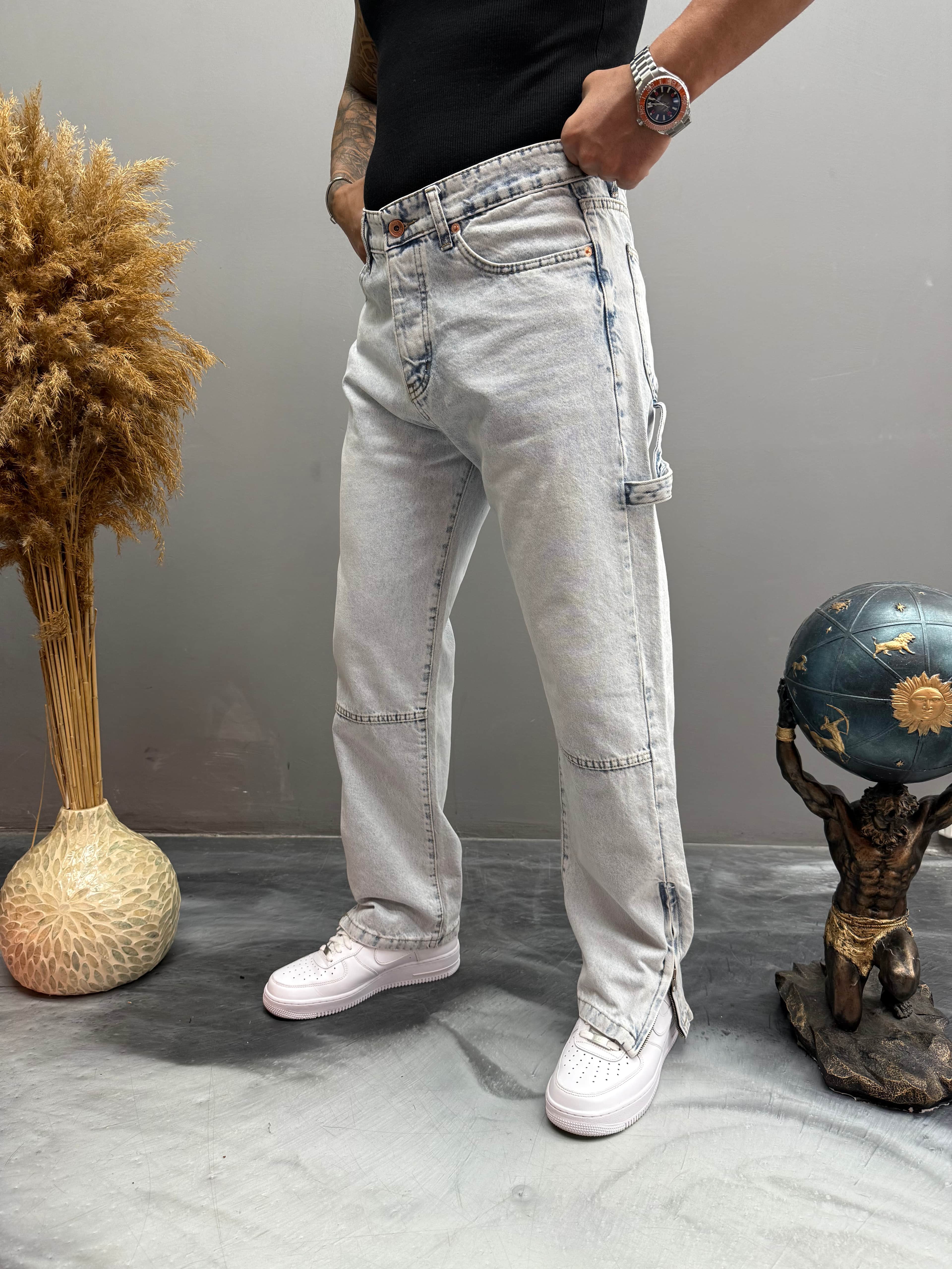 Baggy Kalıp Paçası Fermuar Detalı Kot Pantolon- Mavi