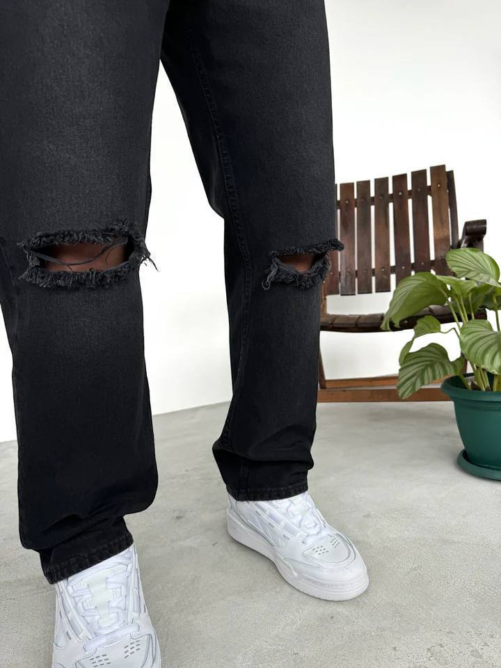 Baggy Kalıp Dizi Yırtık Pantolon - Siyah