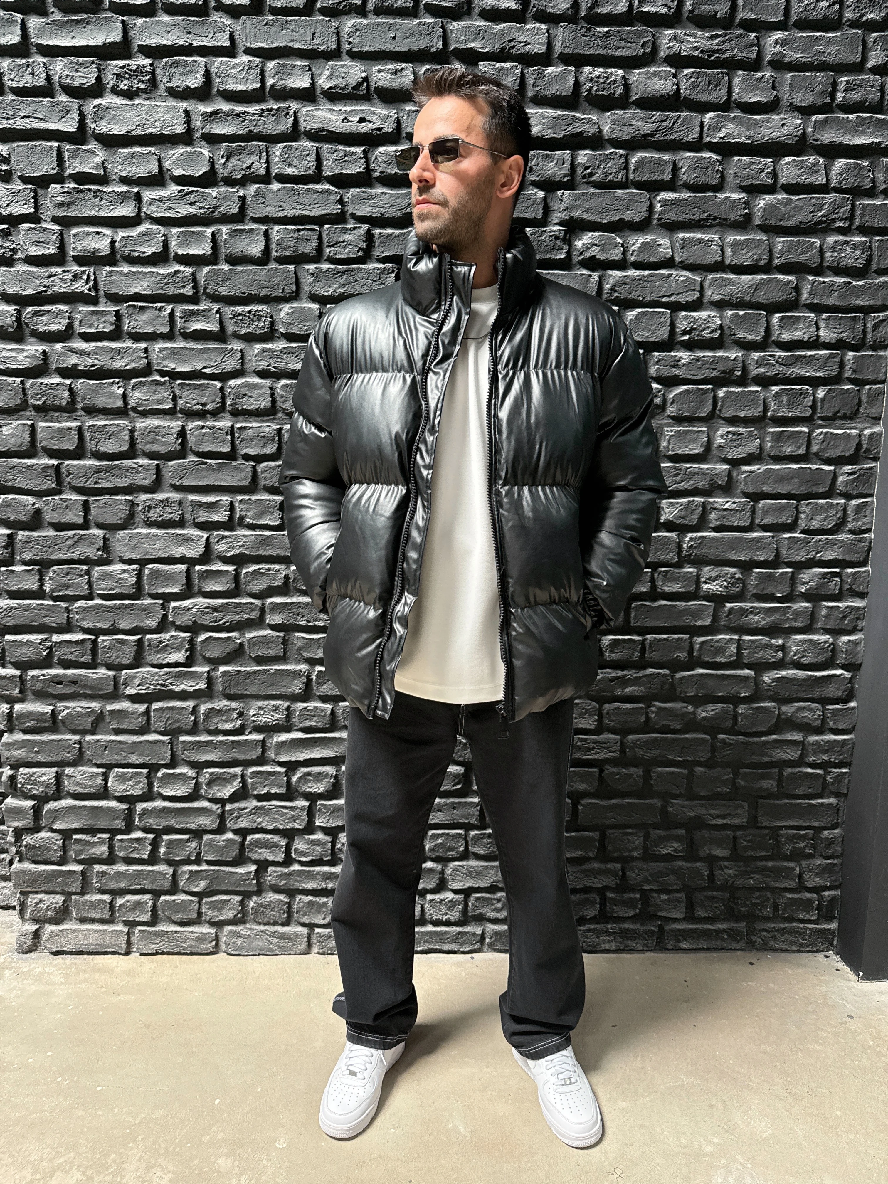 Deri Şişme Mont - Siyah