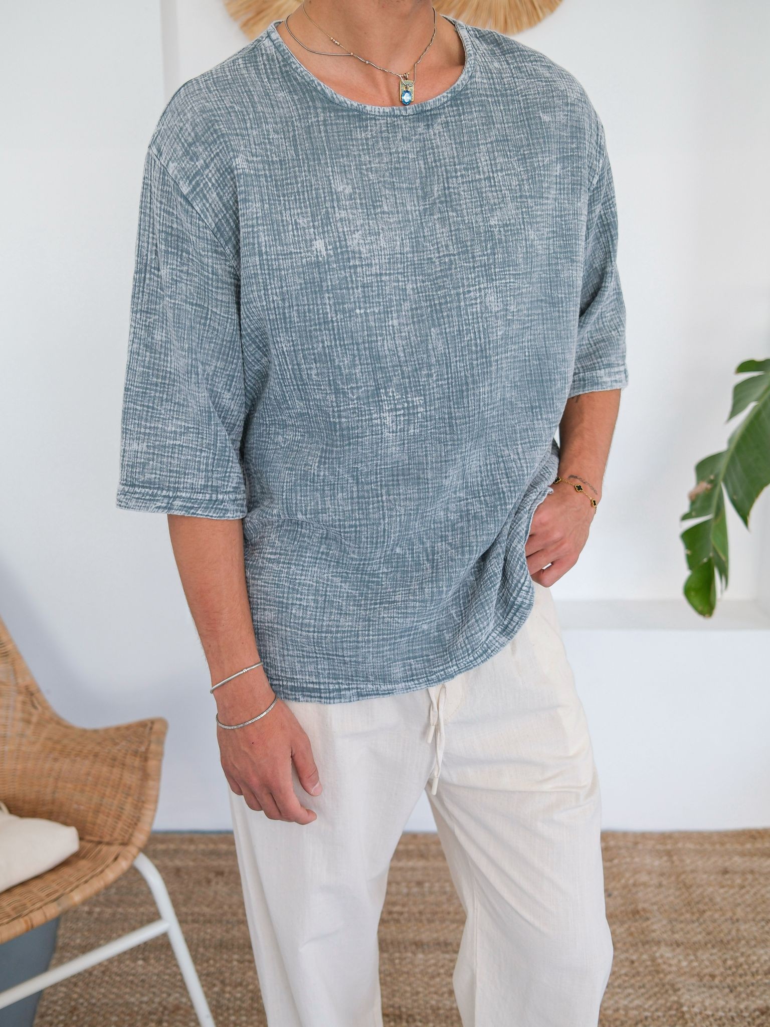 Oversize Müslin Kumaş Fakir Kol Tshirt - Açık Mavi