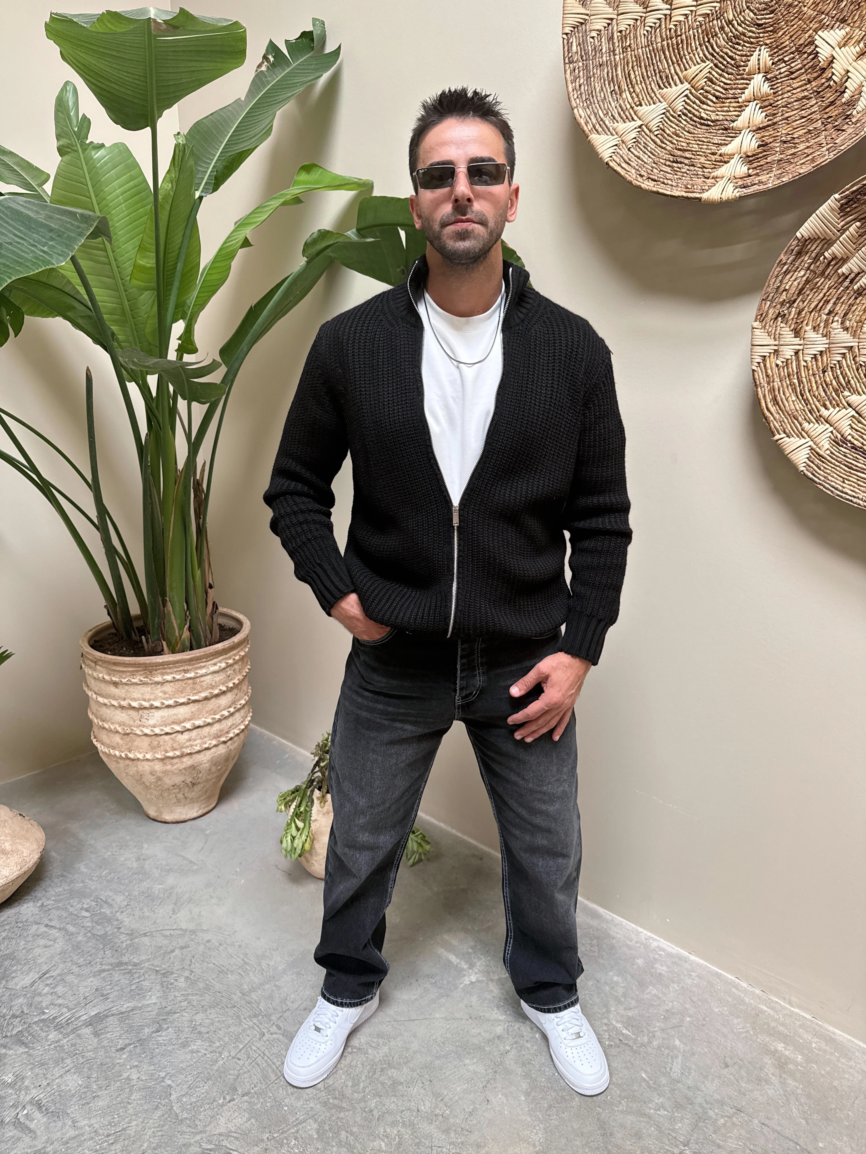 Fermuarlı Örme Hırka - Siyah