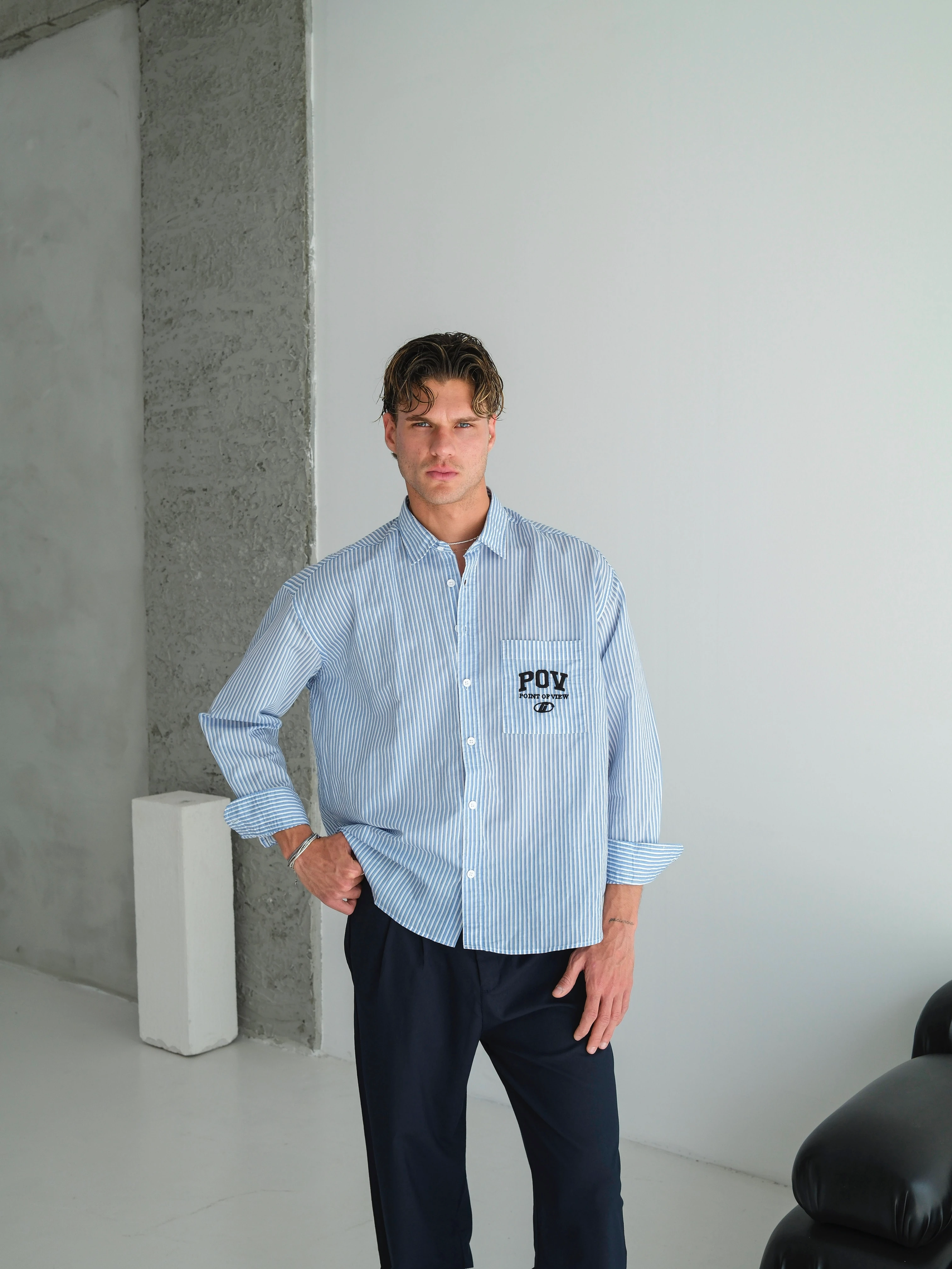 Oversize POV Yazılı Çizgili Gömlek - MAVİ