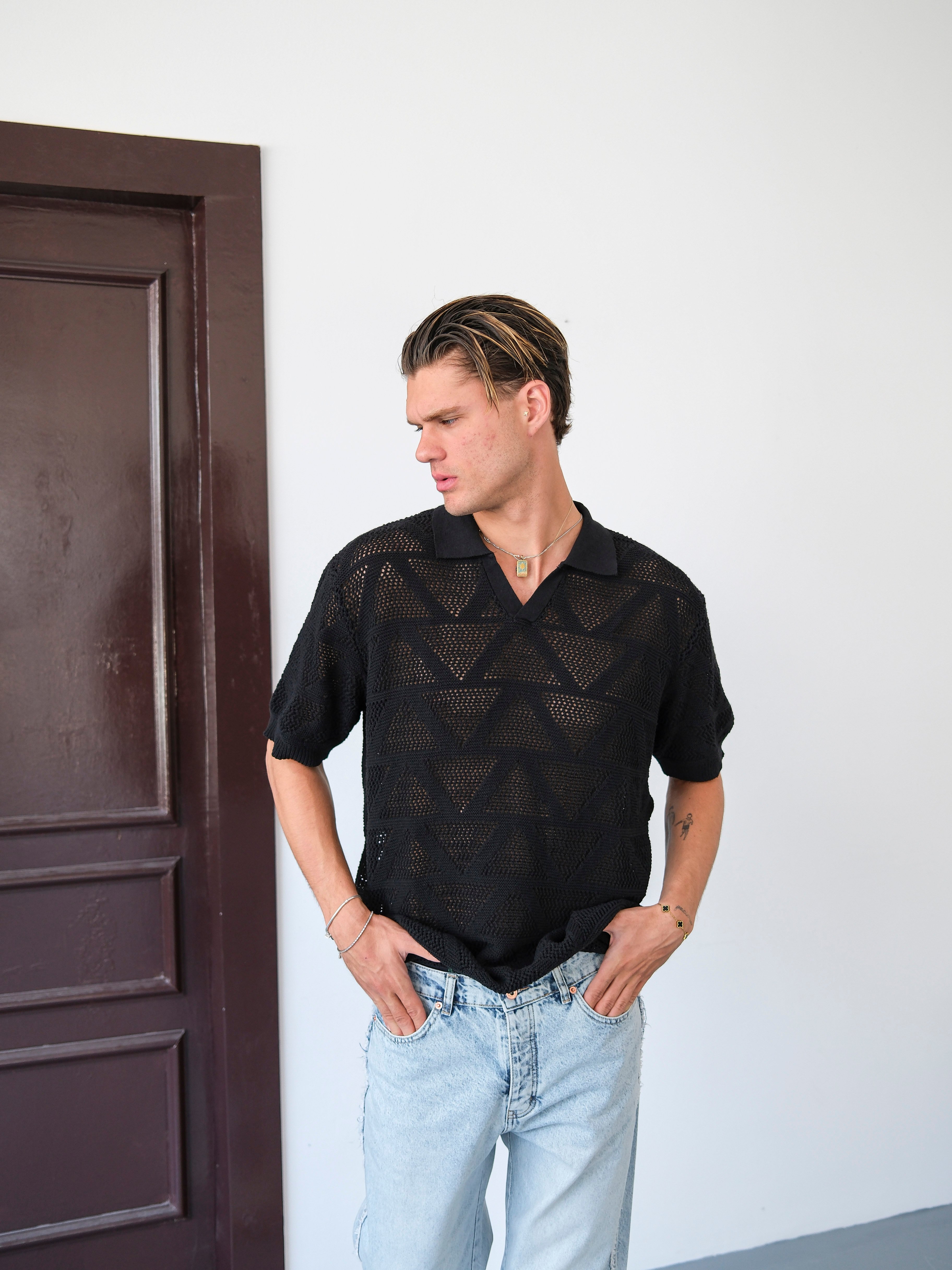 Oversize Baklava Desenli Triko Tshirt - Siyah