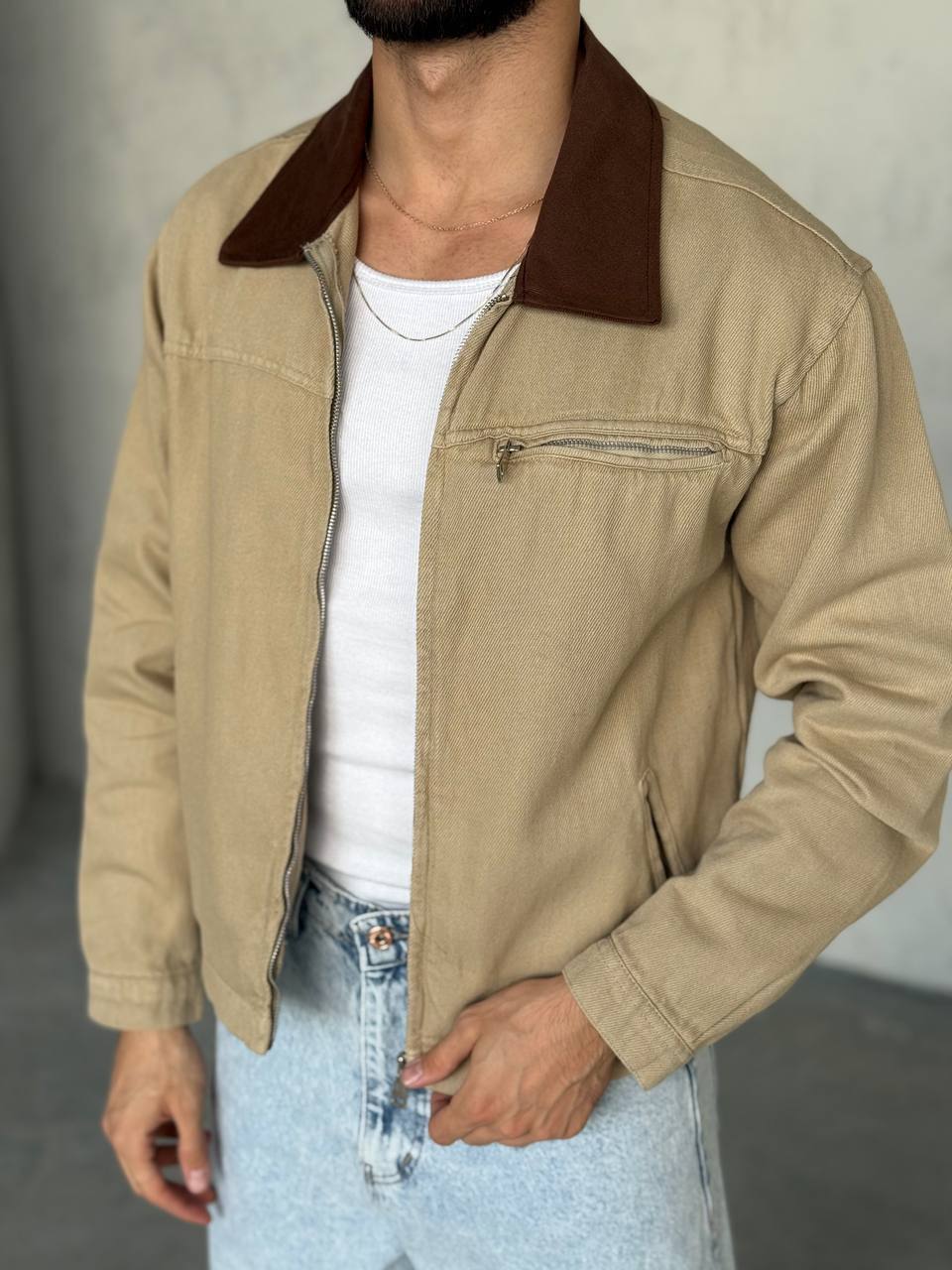 Gabardin Kumaş Crop Ceket - Bej