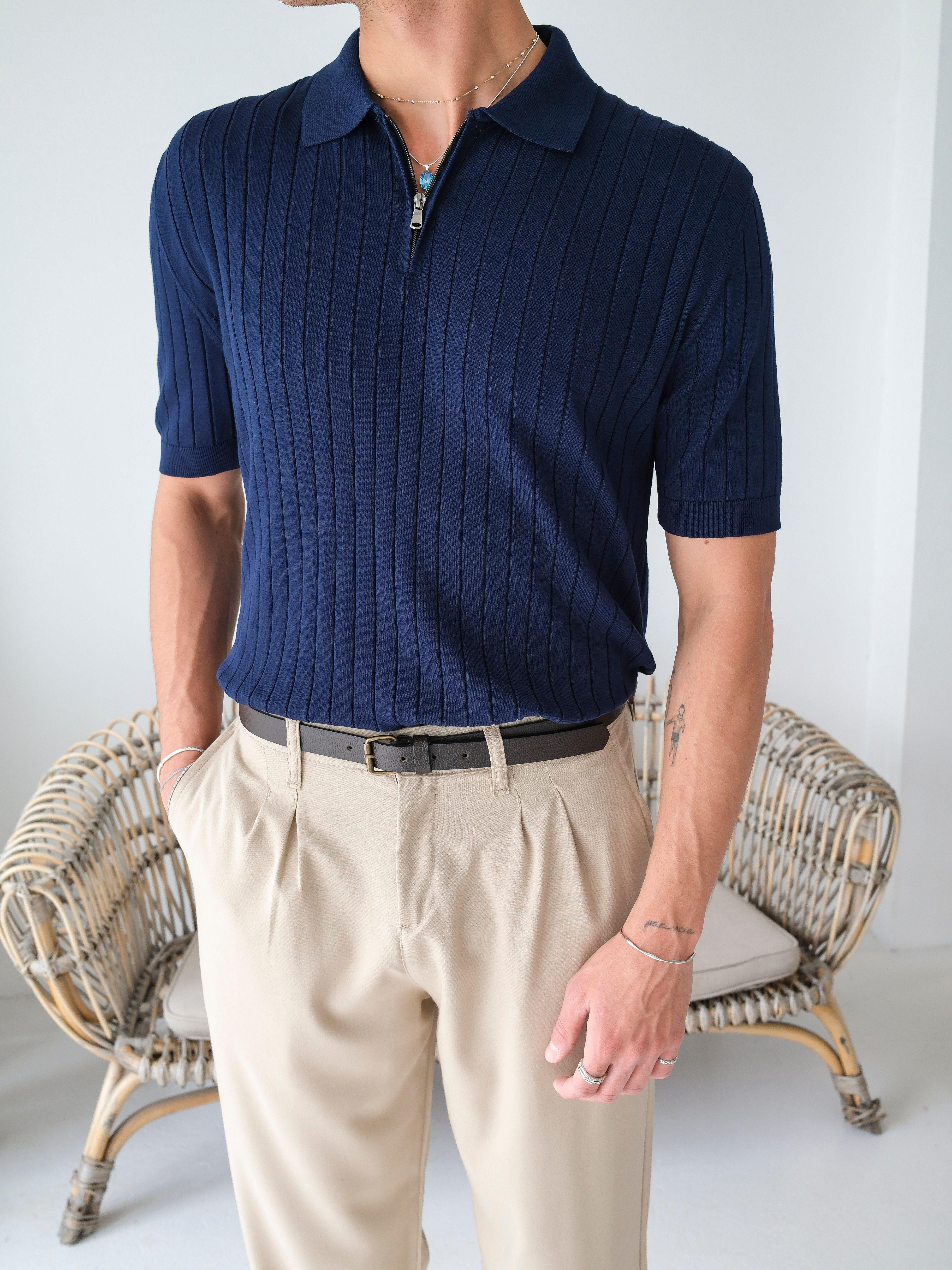 Fitilli Polo Yaka Triko Tshirt  - LACİVERT