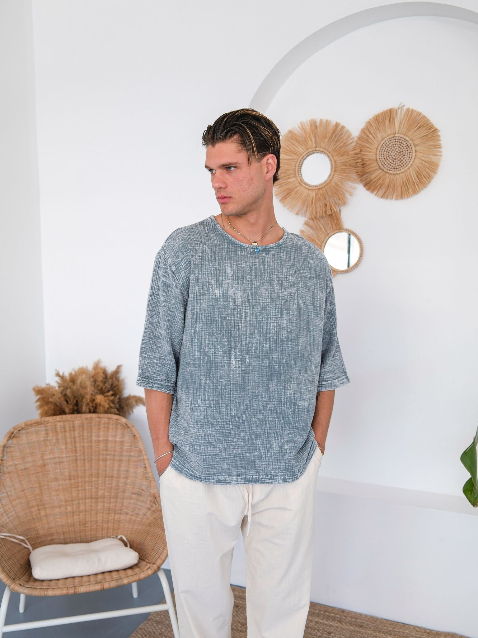 Oversize Müslin Kumaş Fakir Kol Tshirt - Açık Mavi