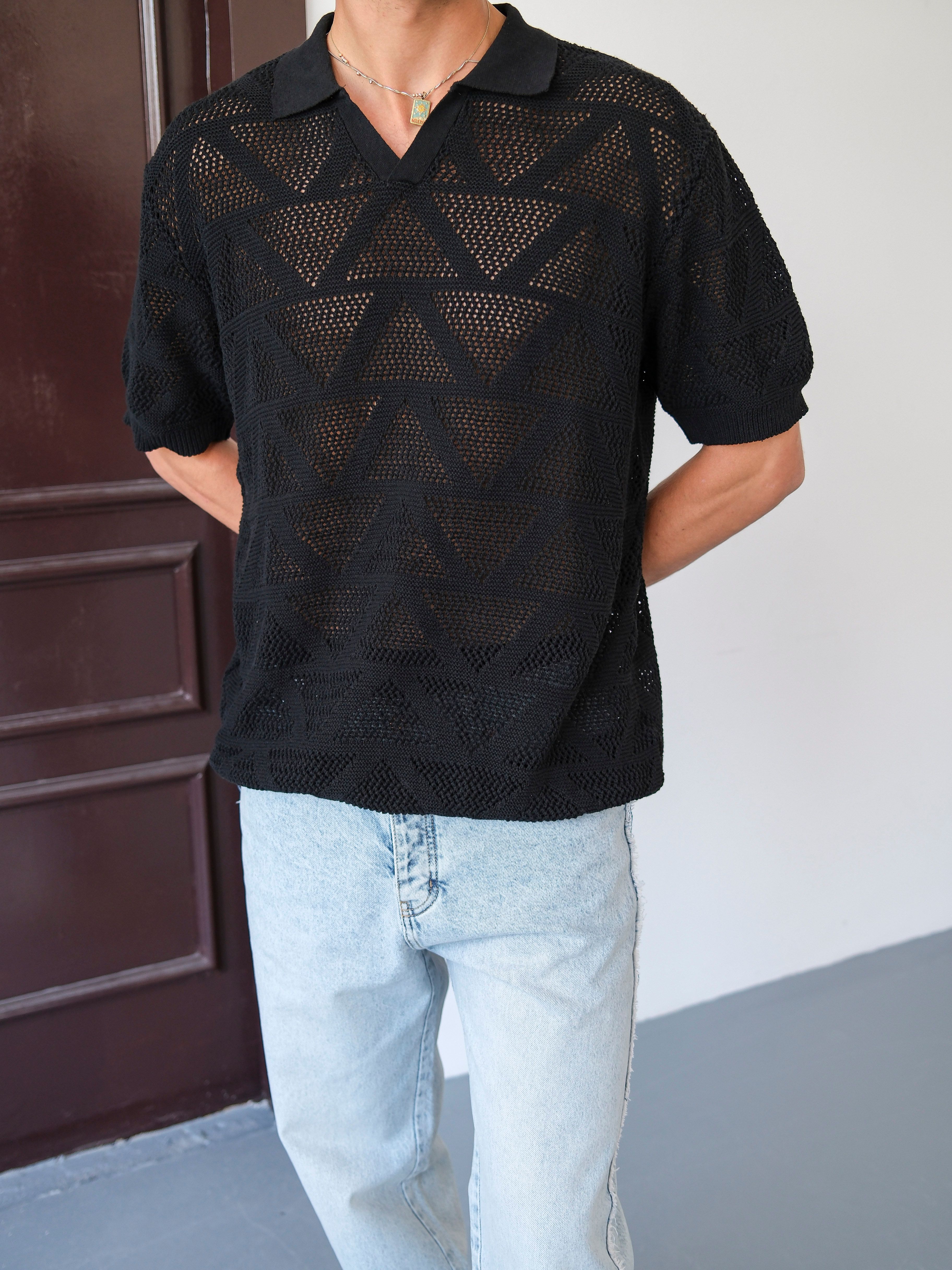 Oversize Baklava Desenli Triko Tshirt - Siyah