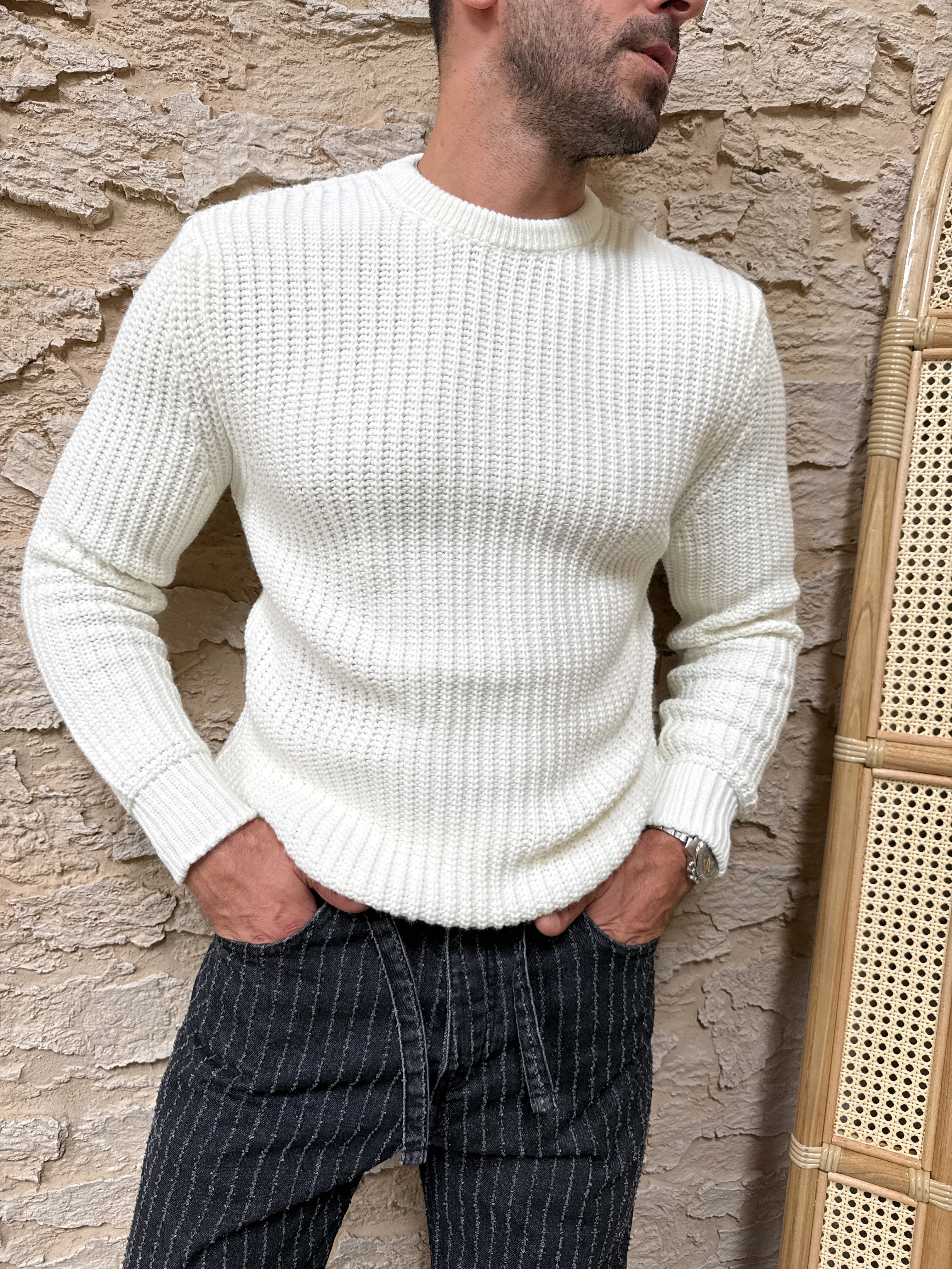 Regular Fit Örme Kazak - Beyaz