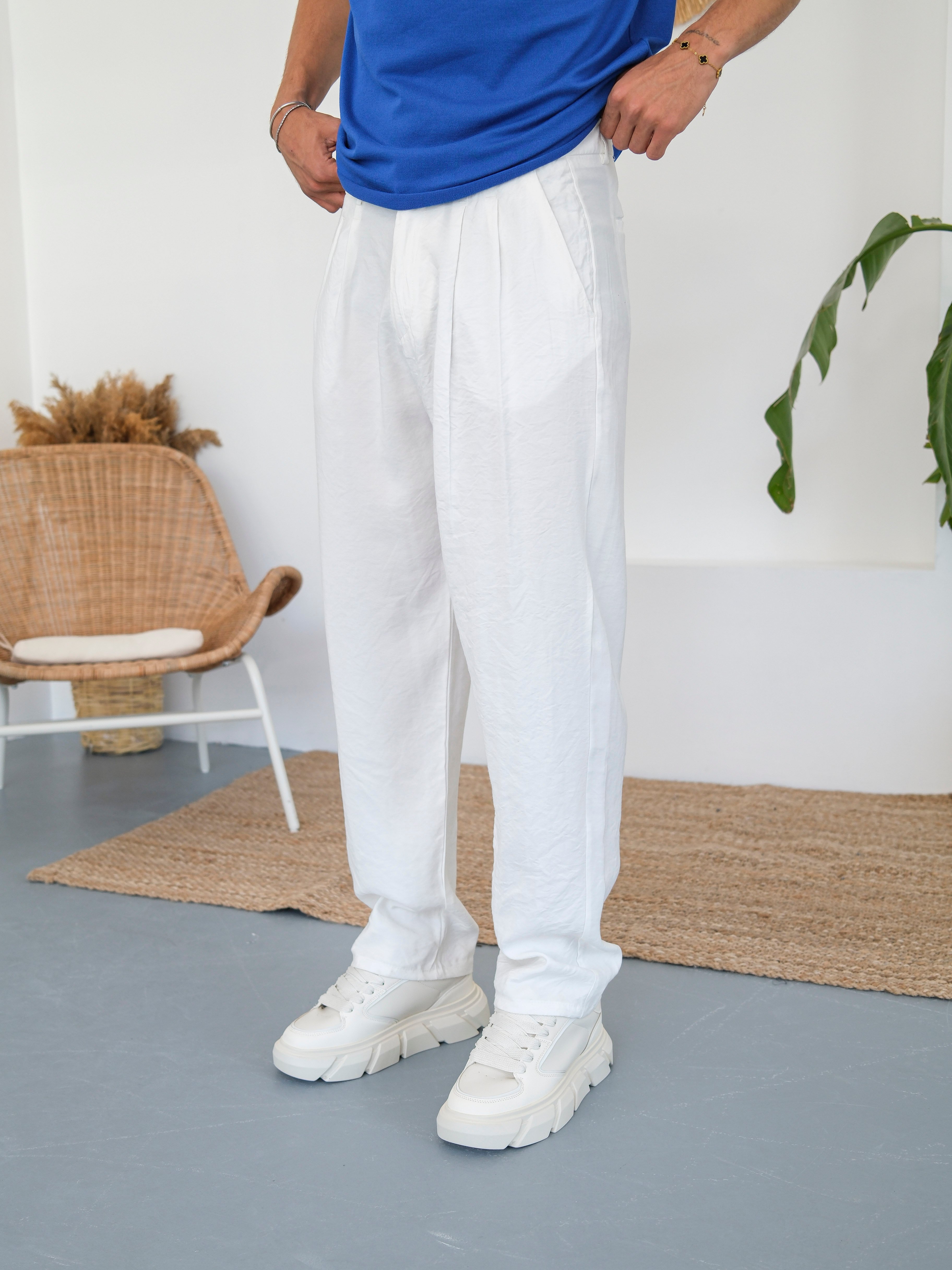 Pileli Tensel Kumaş Baggy Pantolon - Beyaz