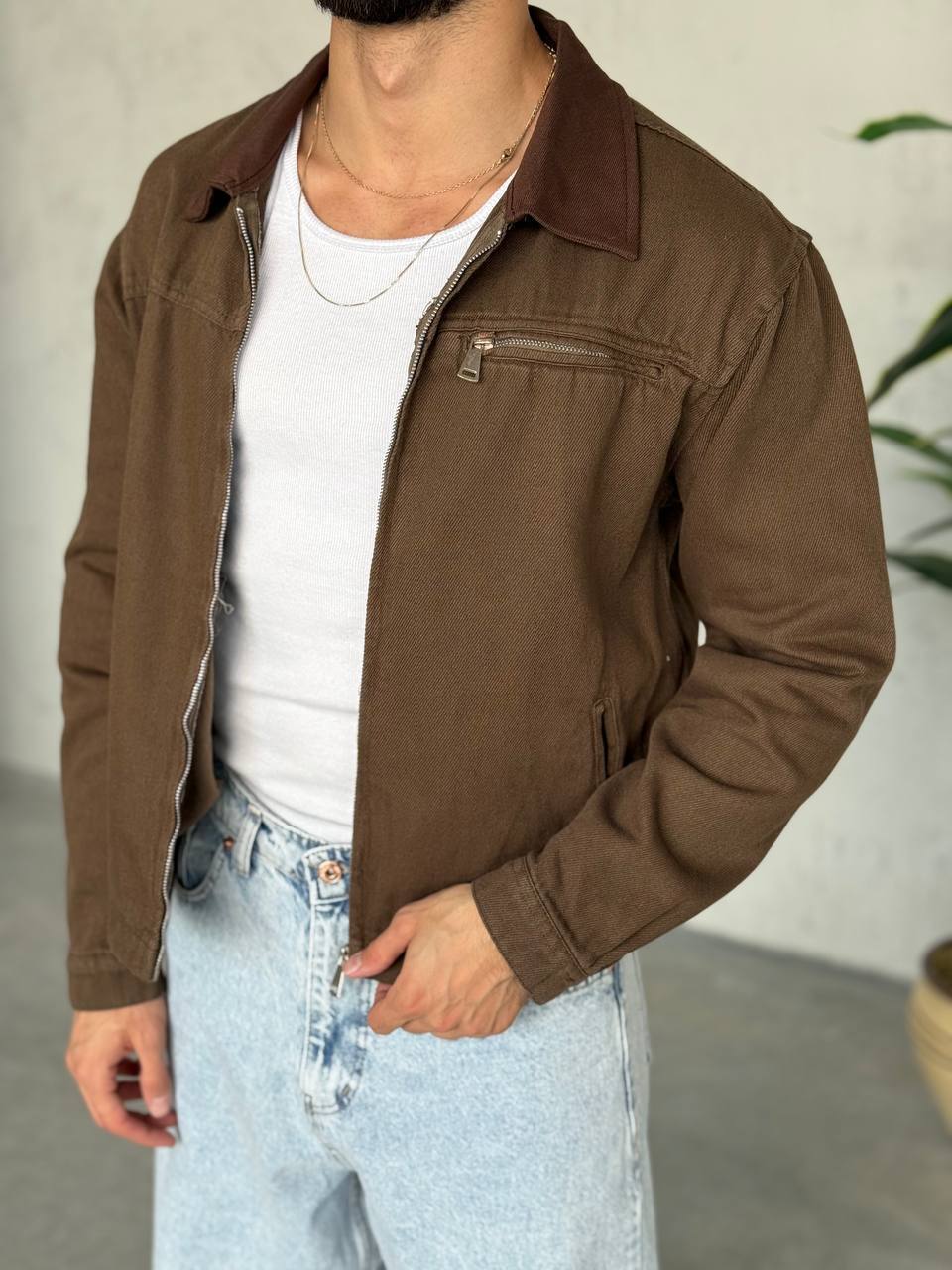 Gabardin Kumaş Crop Ceket - Kahve