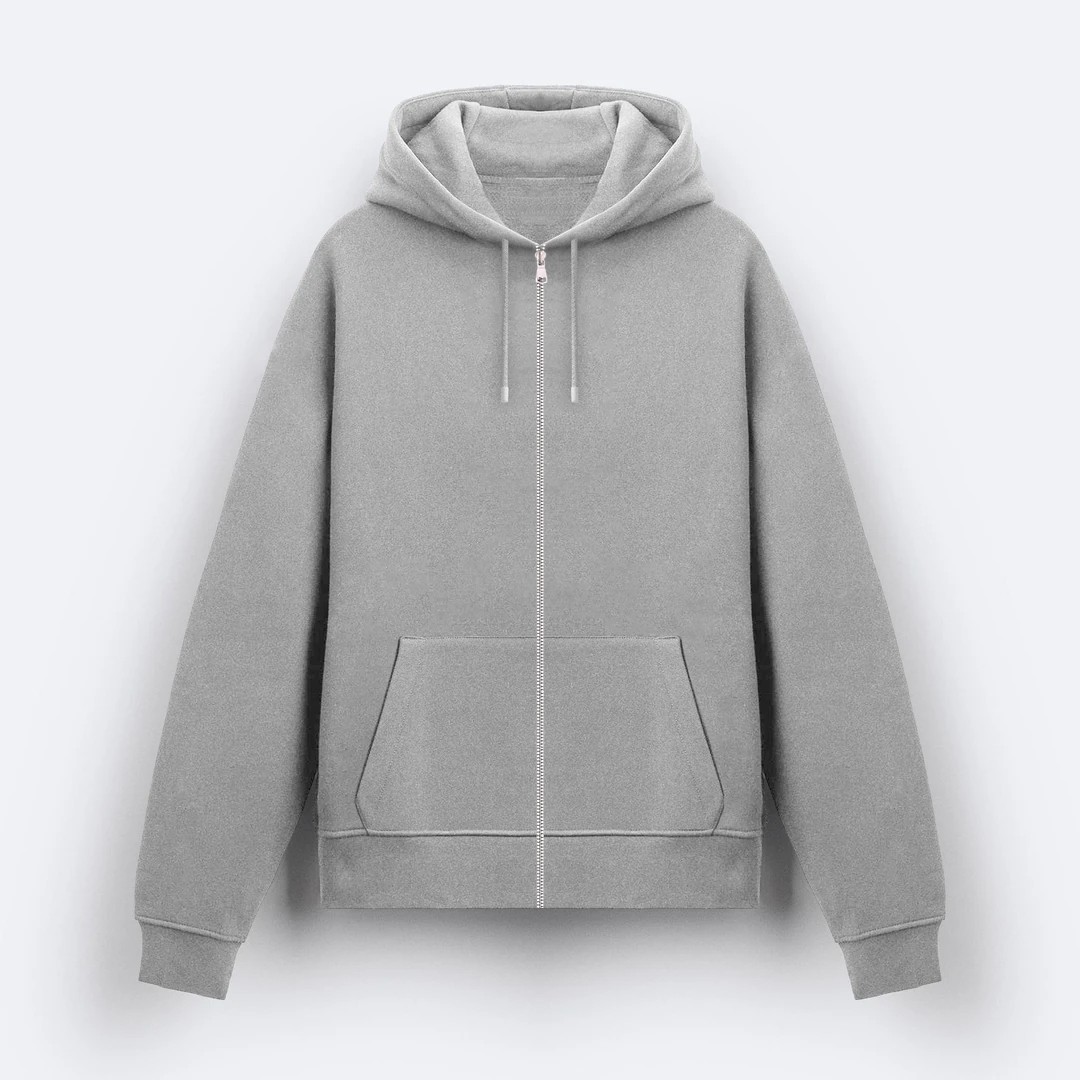 Gri Basic Unisex Fermuarlı Hoodie