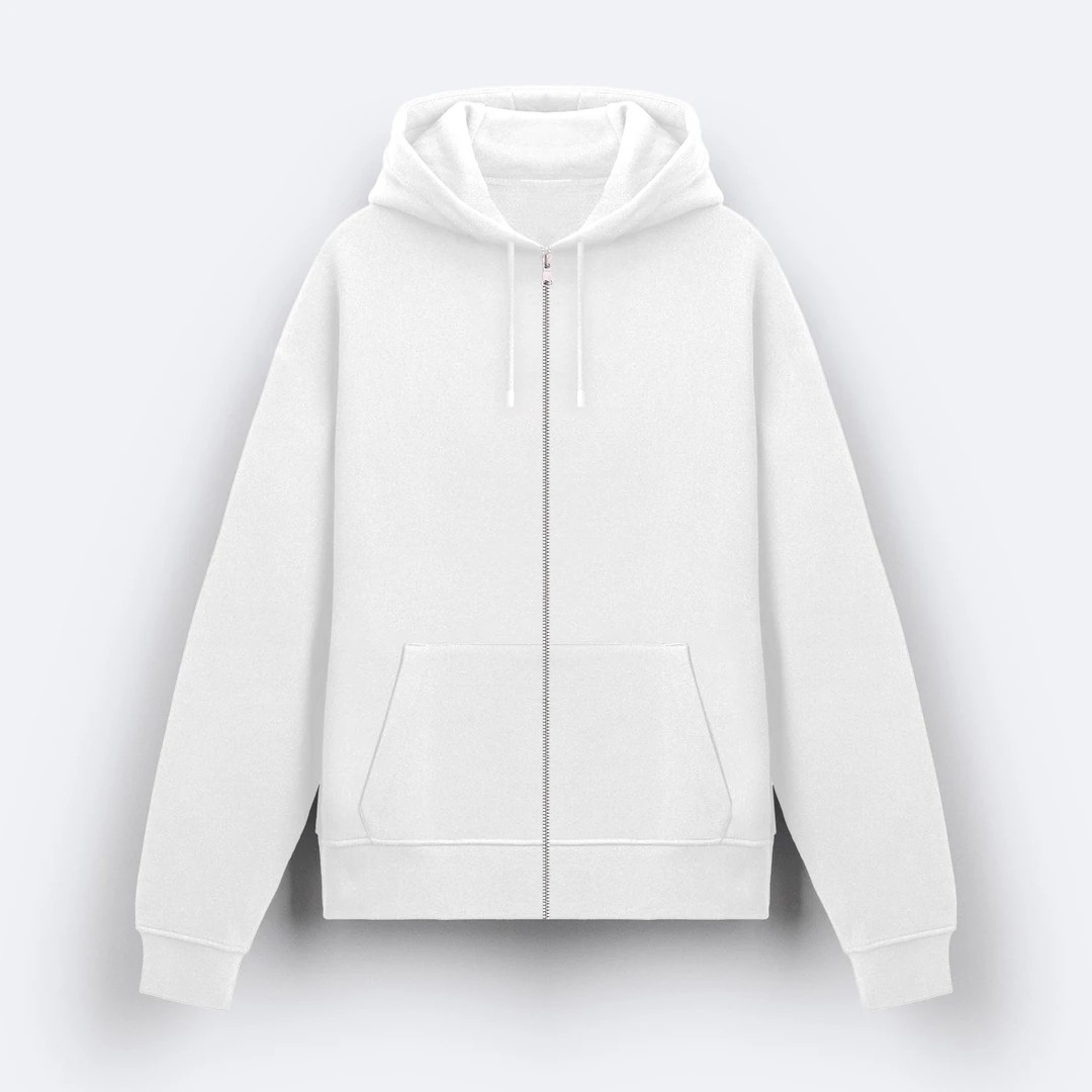 Beyaz Basic Unisex Fermuarlı Hoodie