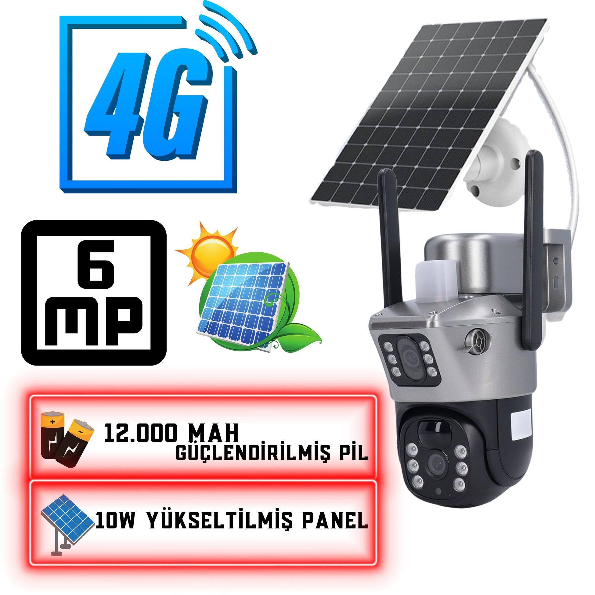 4G 12000 mah Sim Kart Girişli SOLAR 6MP Güneş Enerjili Kablosuz çift Kamera ET4G-001