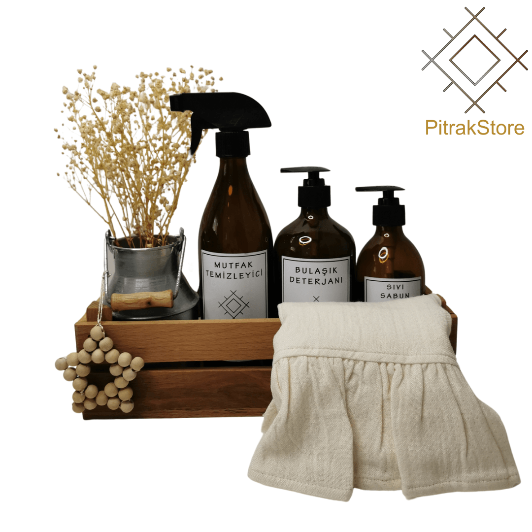 PitrakStore Plastiksiz 7'li Mutfak Seti (amber Cam Şişe+kurulama Havlu+ahşap Kasa) 7liset