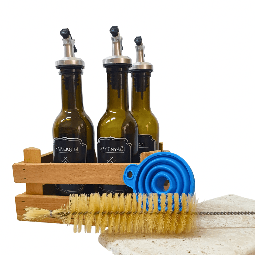PitrakStore Yağdanlık -Sosluk Set 200ml Zeytinyağ-Nar Ekşisi-Limon Sirke-Huni -Şişe Fırçası-Ahşap Kasa