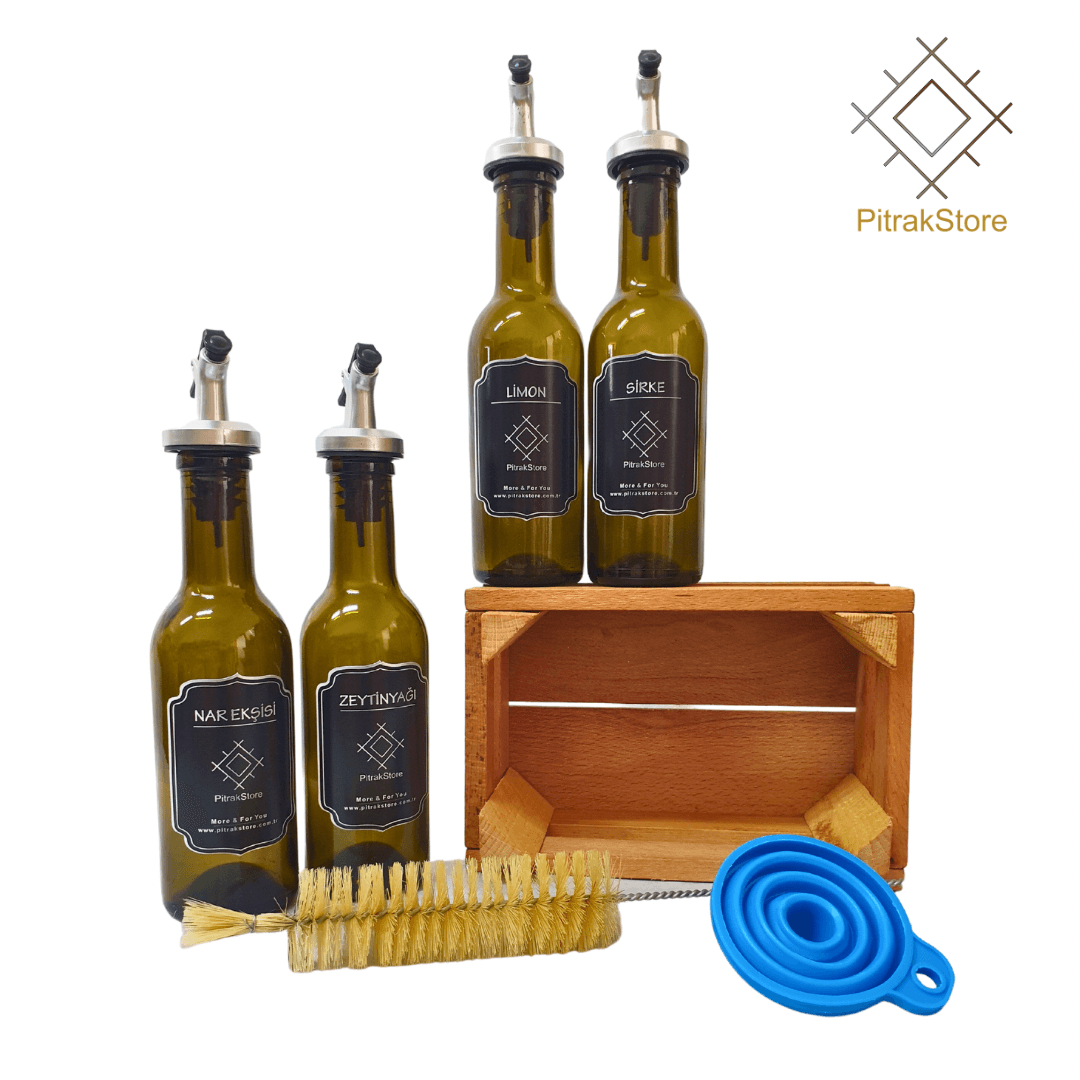 PitrakStore Yağdanlık -Sosluk Set 200ml Zeytinyağ-Nar Ekşisi-Limon Sirke-Huni -Şişe Fırçası-Ahşap Kasa