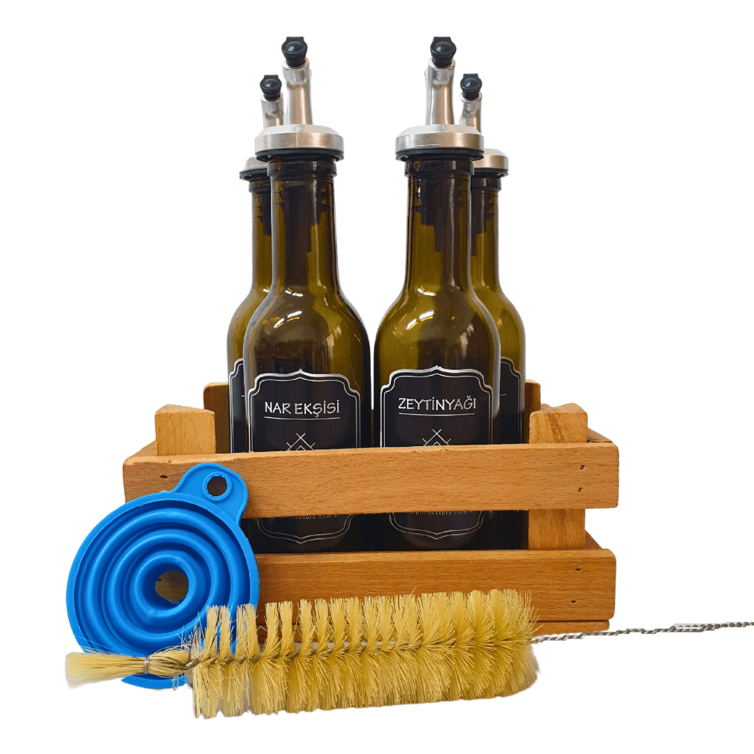 PitrakStore Yağdanlık -Sosluk Set 200ml Zeytinyağ-Nar Ekşisi-Limon Sirke-Huni -Şişe Fırçası-Ahşap Kasa