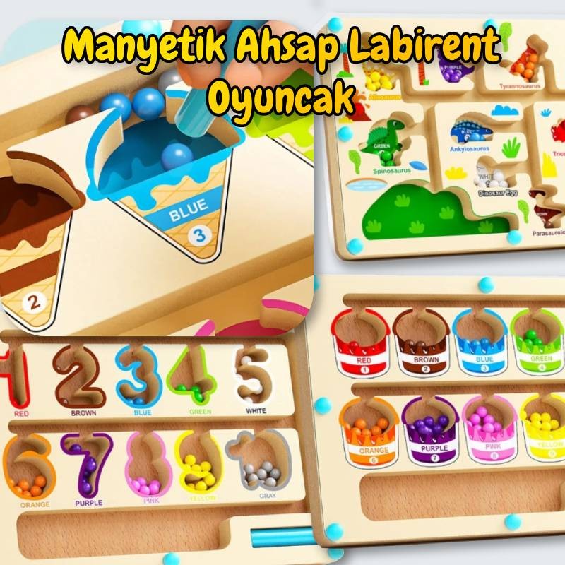 Manyetik Ahşap Labirent Oyuncak – Renk ve Sayı Sınıflandırma Eğitici Set