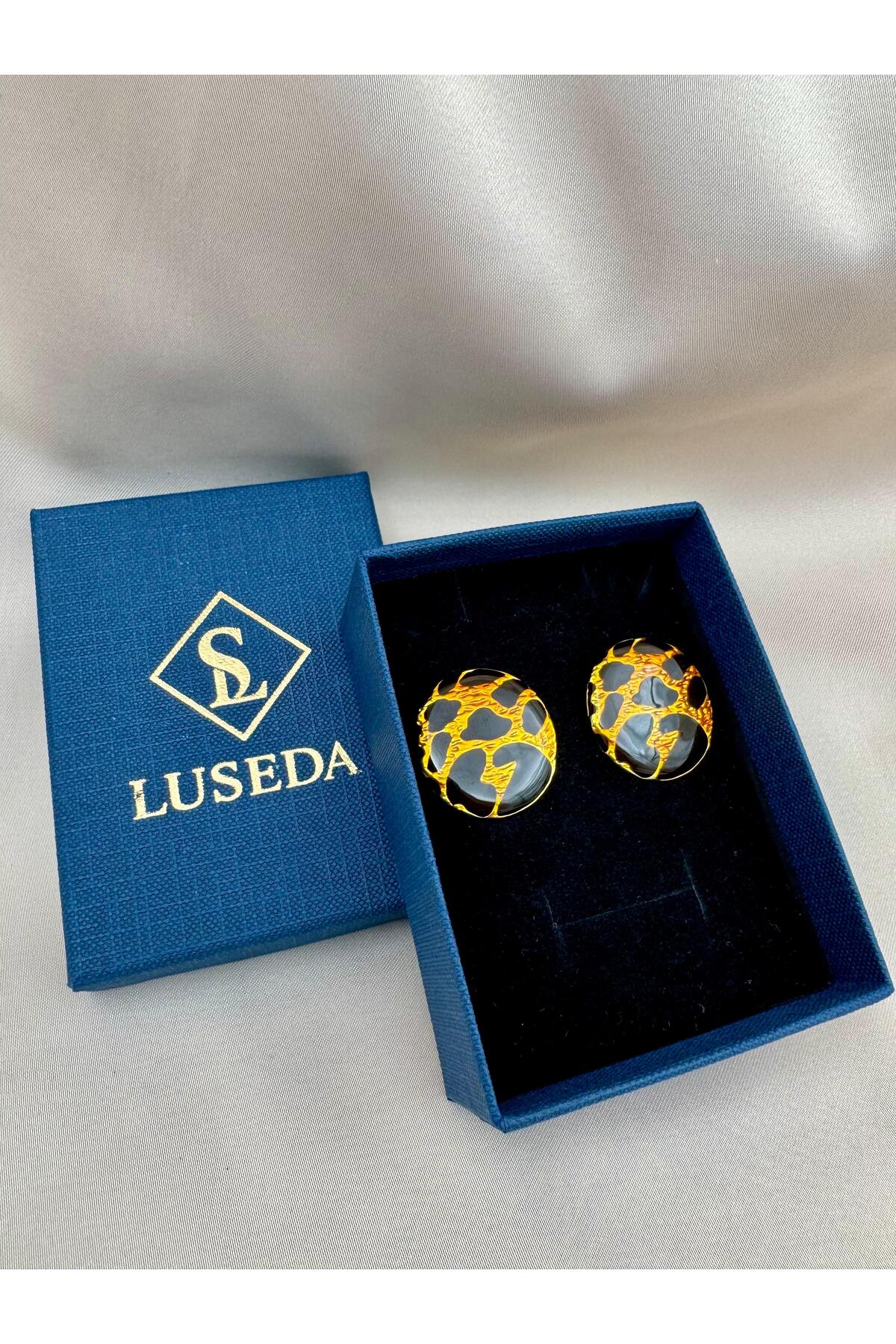 Gold Siyah Leopar Desenli Yuvarlak Küpe