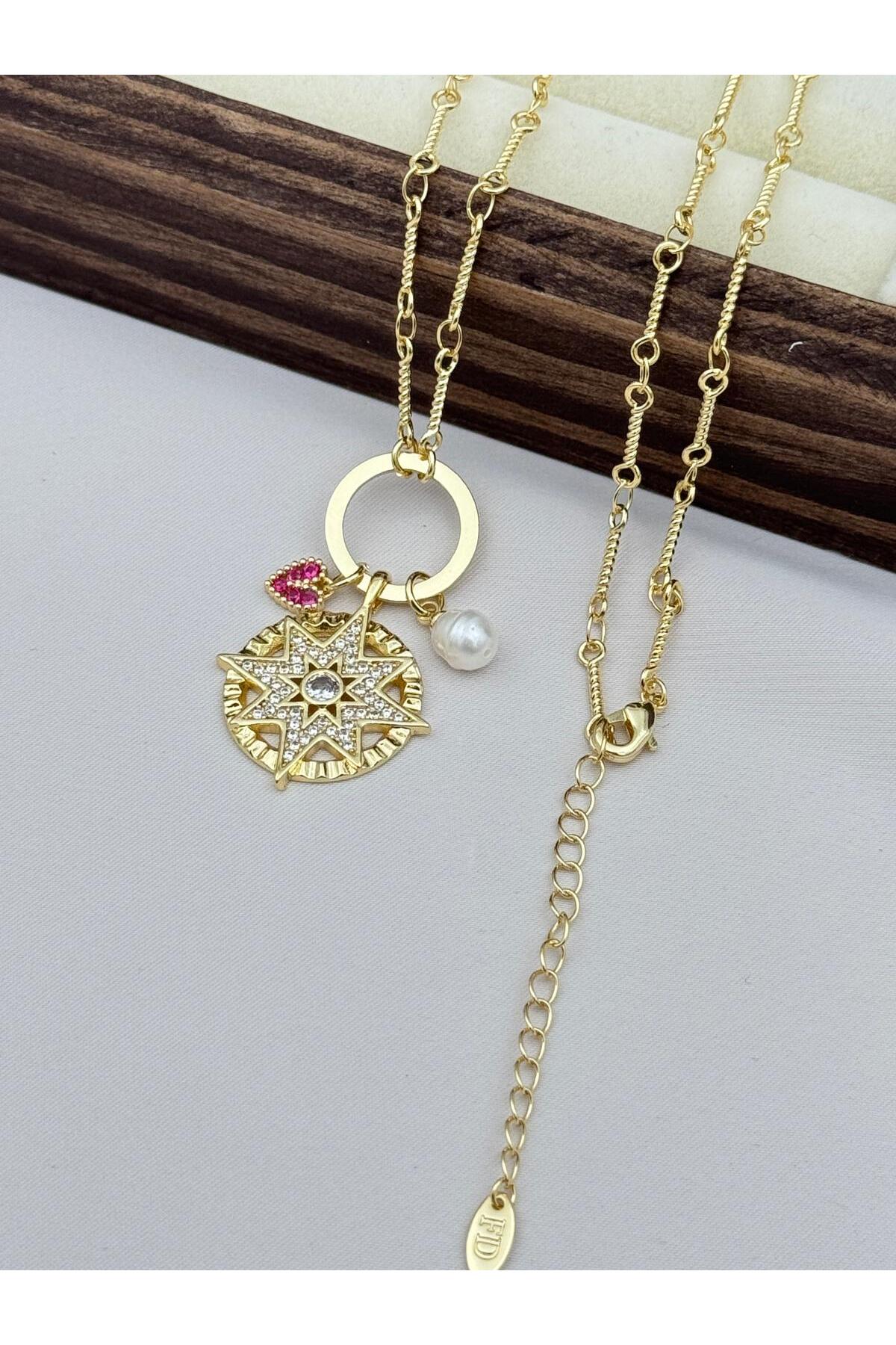 VIP Kalp ve İnci Detaylı Charmlı Kutup Yıldızı 70+5 cm Ayarlanabilir Kolye
