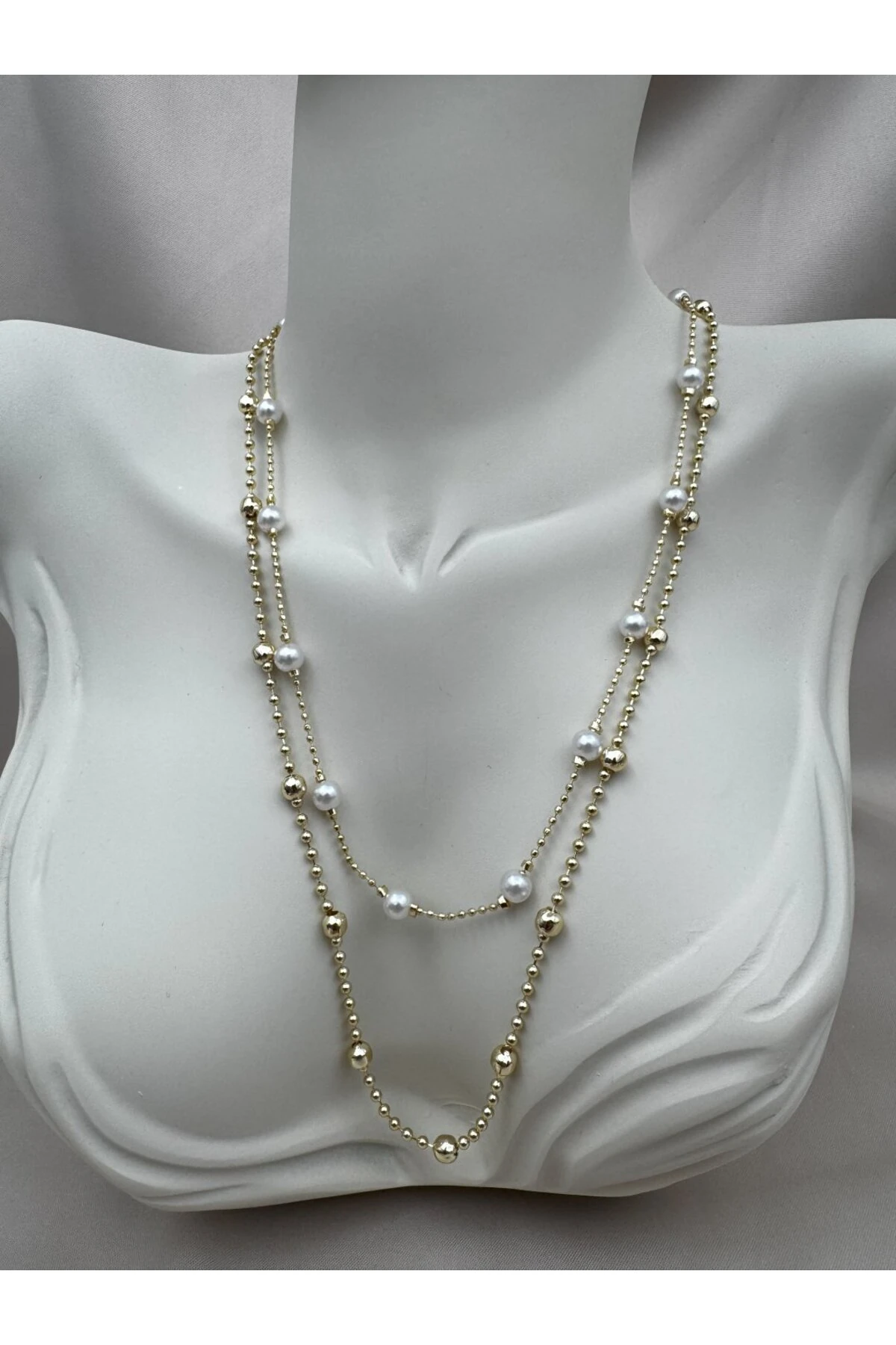 İnci Detaylı Gold Renk 40+5CM Ayarlanabilir Zincir Kolye