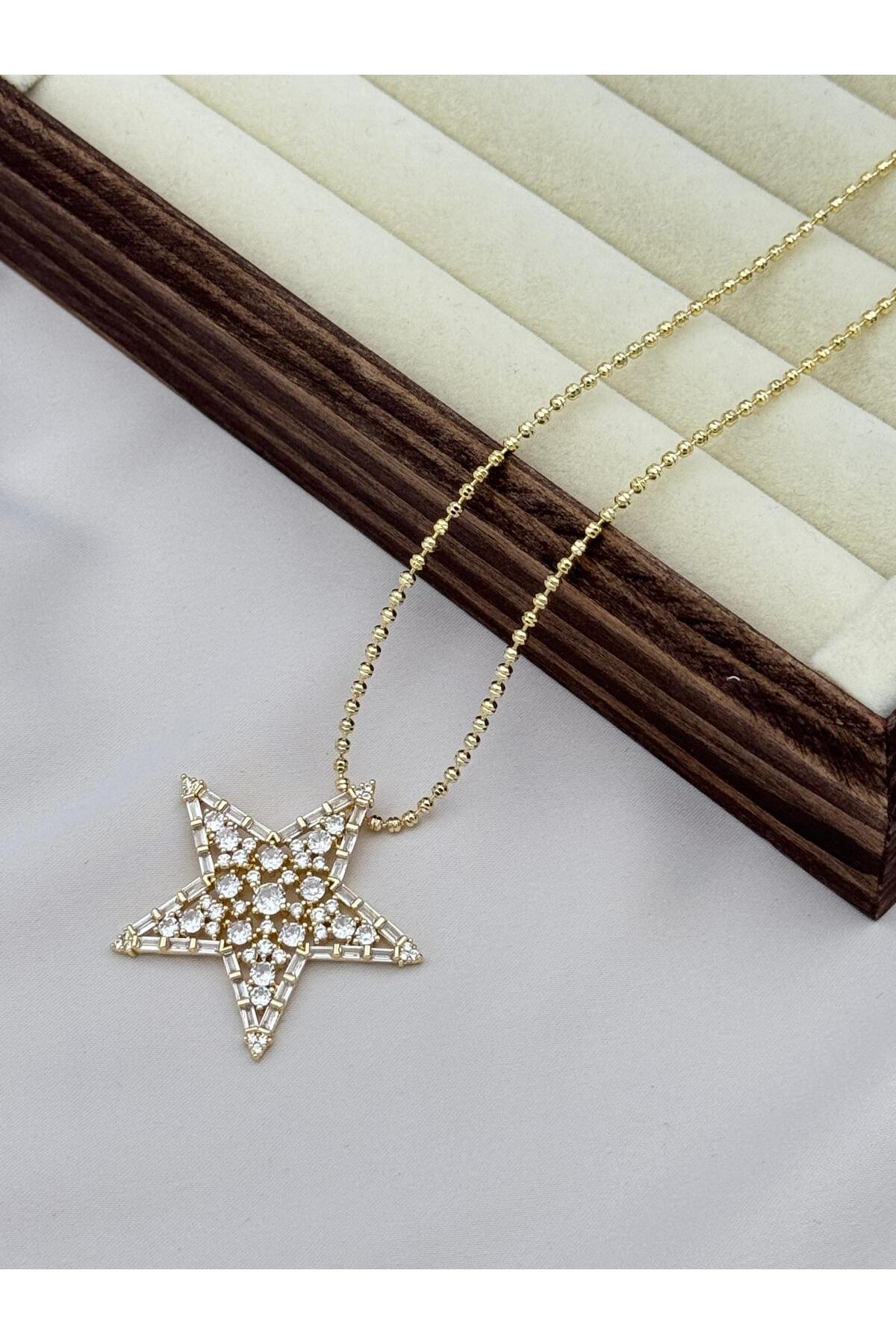 VIP Yoğun Taşlı Asansörlü 70 cm Gold Yıldız Kolye