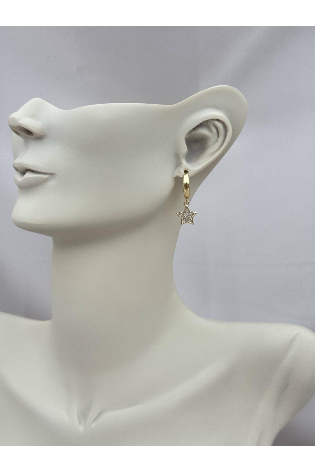 Gold Renk Mini Halka Yıldız Sallantılı Zirkon Taşlı VIP Küpe