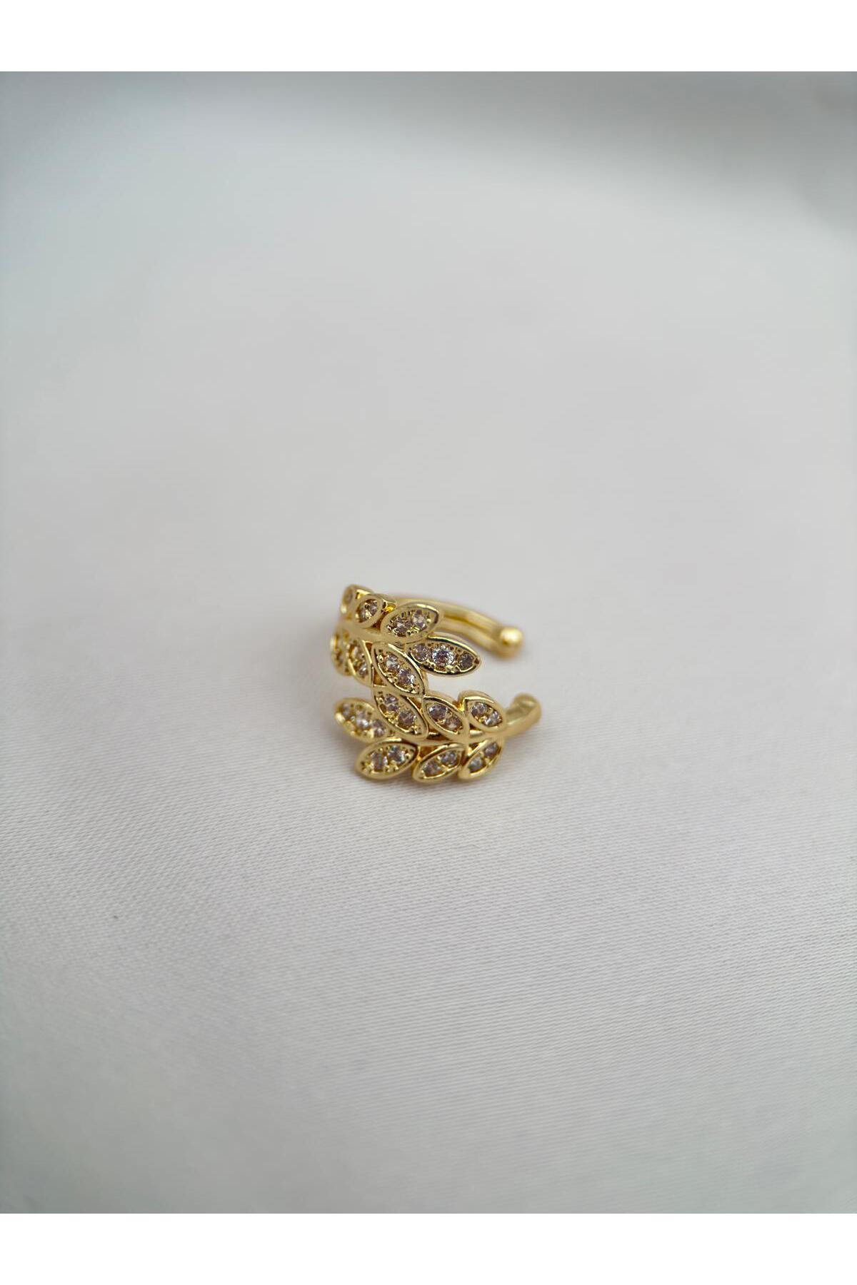 Gold Renk Yaprak Form Zirkon Taşlı Ayarlanabilir Earcuff Kıkırdak Küpe