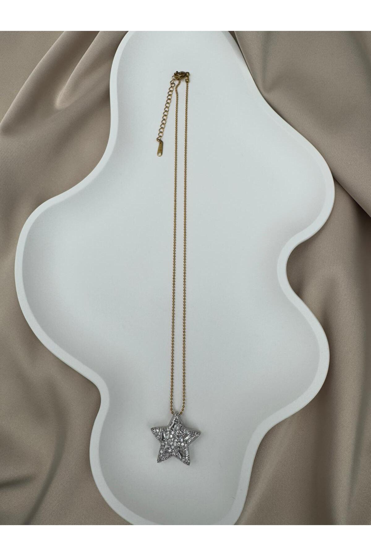 Yıldız Motifli Taş Detaylı Gold 40+5CM Ayarlanabilir Kararmaz Çelik Kolye