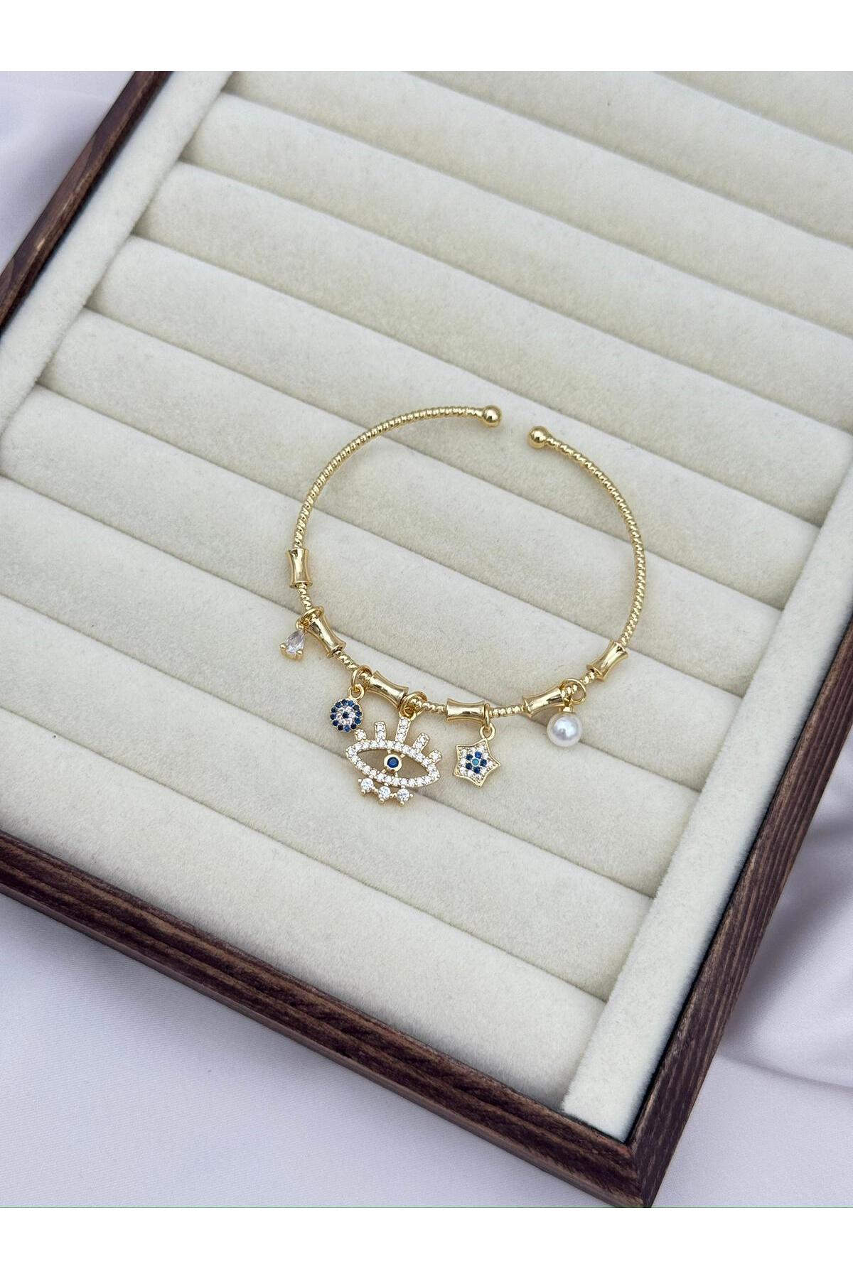 Nazar Göz Yıldız Charm Ayarlanabilir Bambu Desen Kelepçe Bileklik