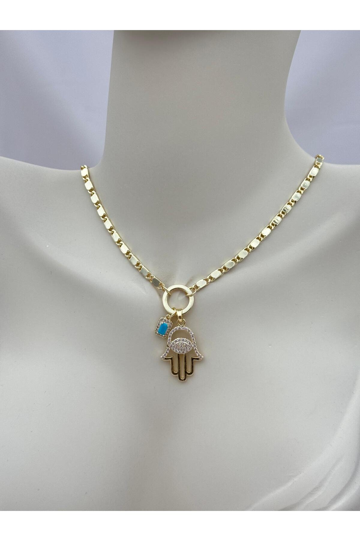 Fatma Ana Eli ve Turkuaz Taş Detaylı Gold Zincir 70+5 cm Ayarlanabilir VIP Kadın Kolye