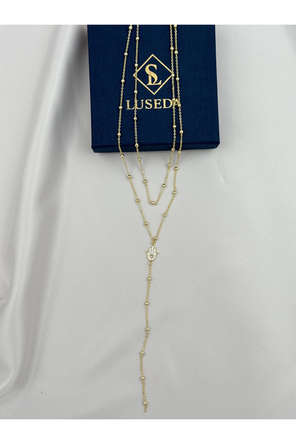 Çift Sıra Gold Zincir Taşlı Fatma Ana Eli Kadın Y 40+5 cm Ayarlanabilir Kolye