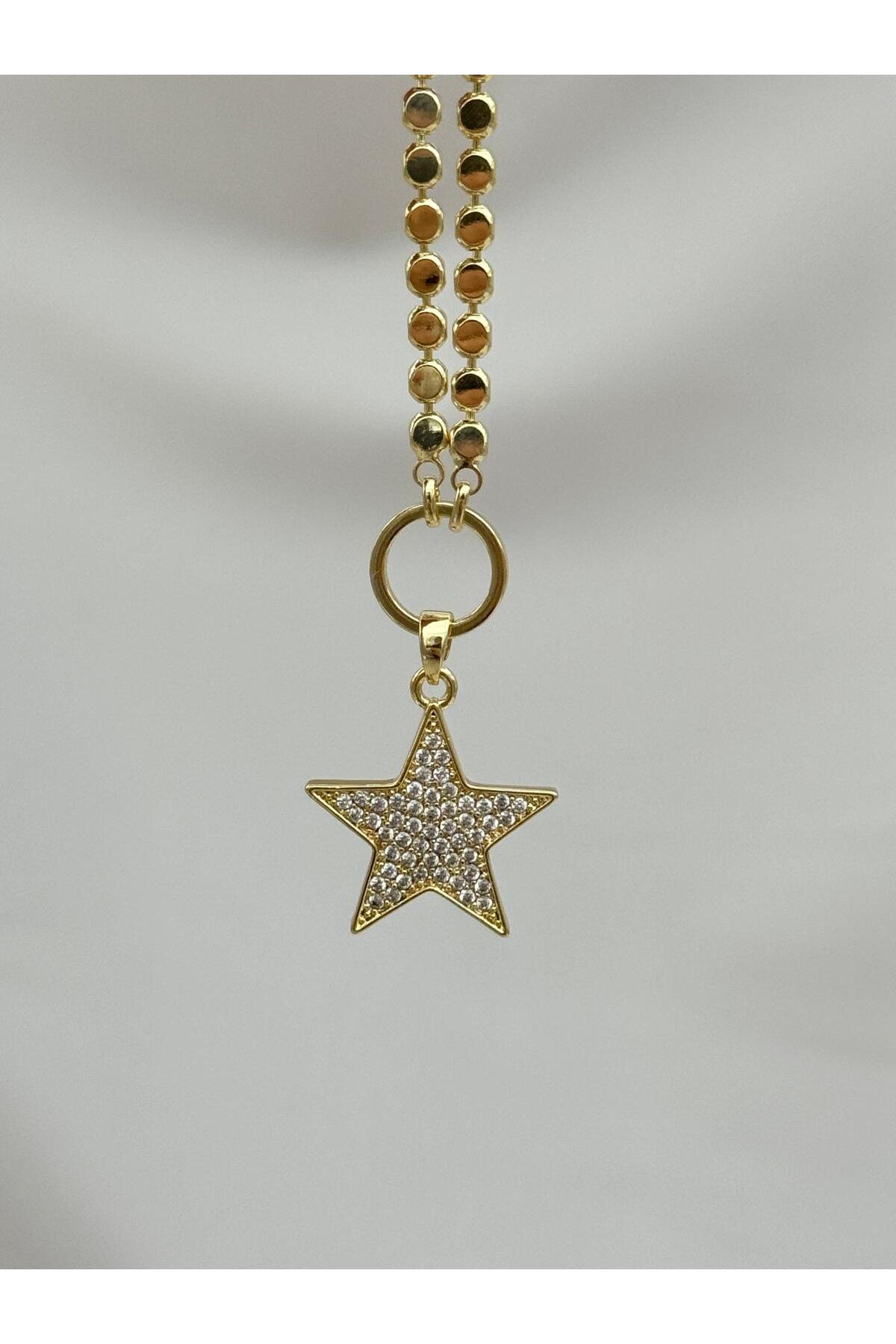 VIP Zirkon Taşlı Yıldız Gold Renk 55+5 cm Kolye