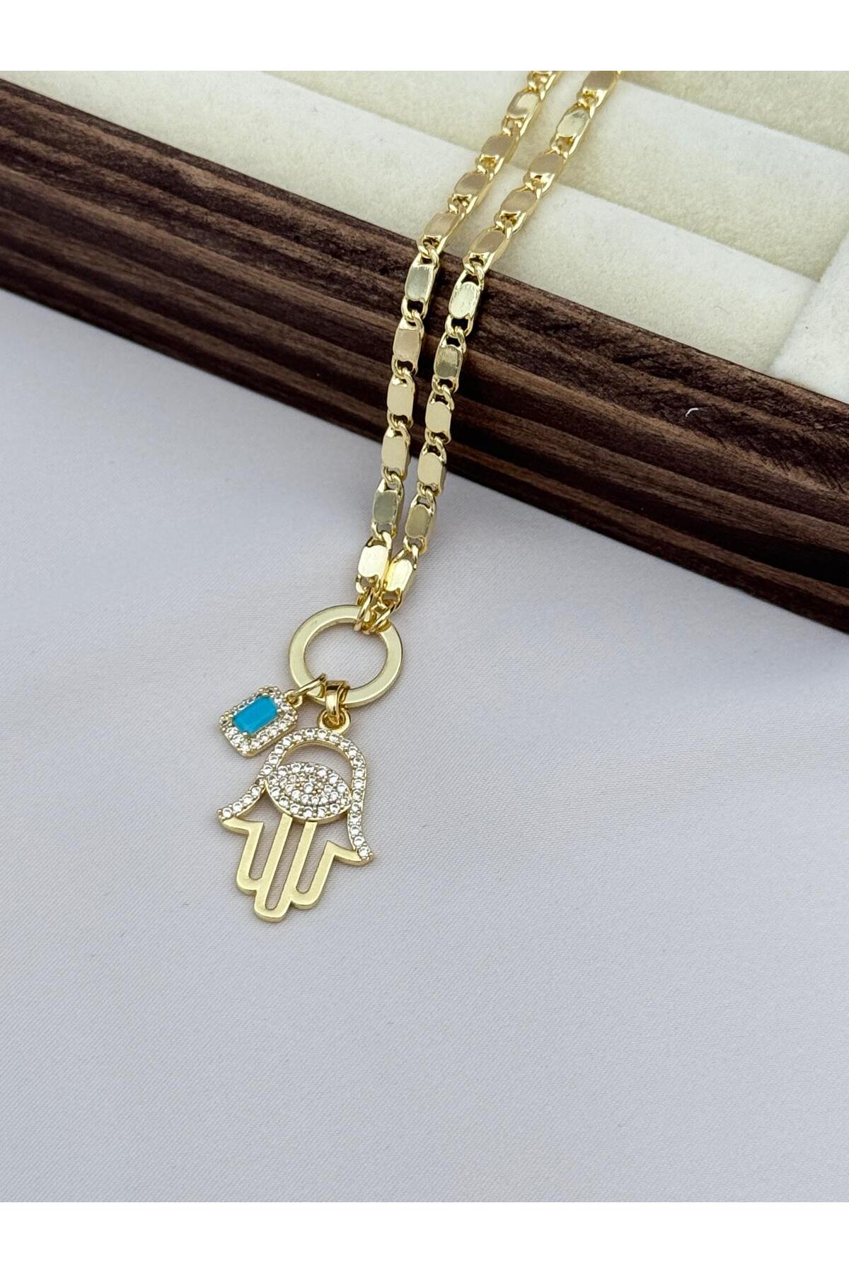 Fatma Ana Eli ve Turkuaz Taş Detaylı Gold Zincir 70+5 cm Ayarlanabilir VIP Kadın Kolye