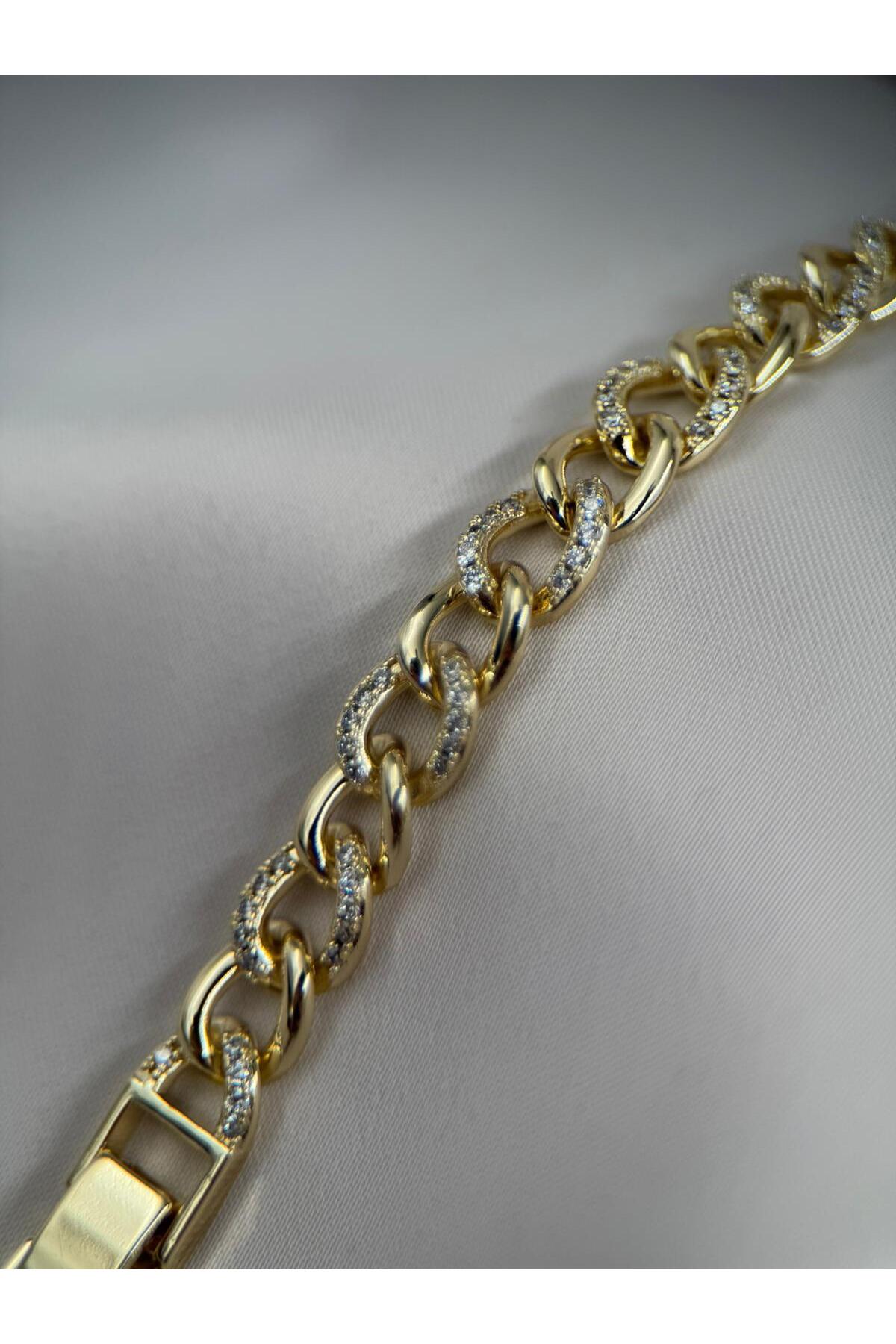 Kadın Taş Detaylı Kalın Zincir 17+2CM Ayarlanabilir Gold Bileklik