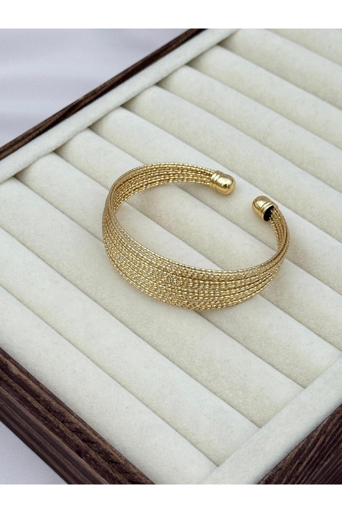 VIP Çok Sıralı Çizgi Dokulu Ayarlanabilir Gold Geniş Kelepçe Bileklik