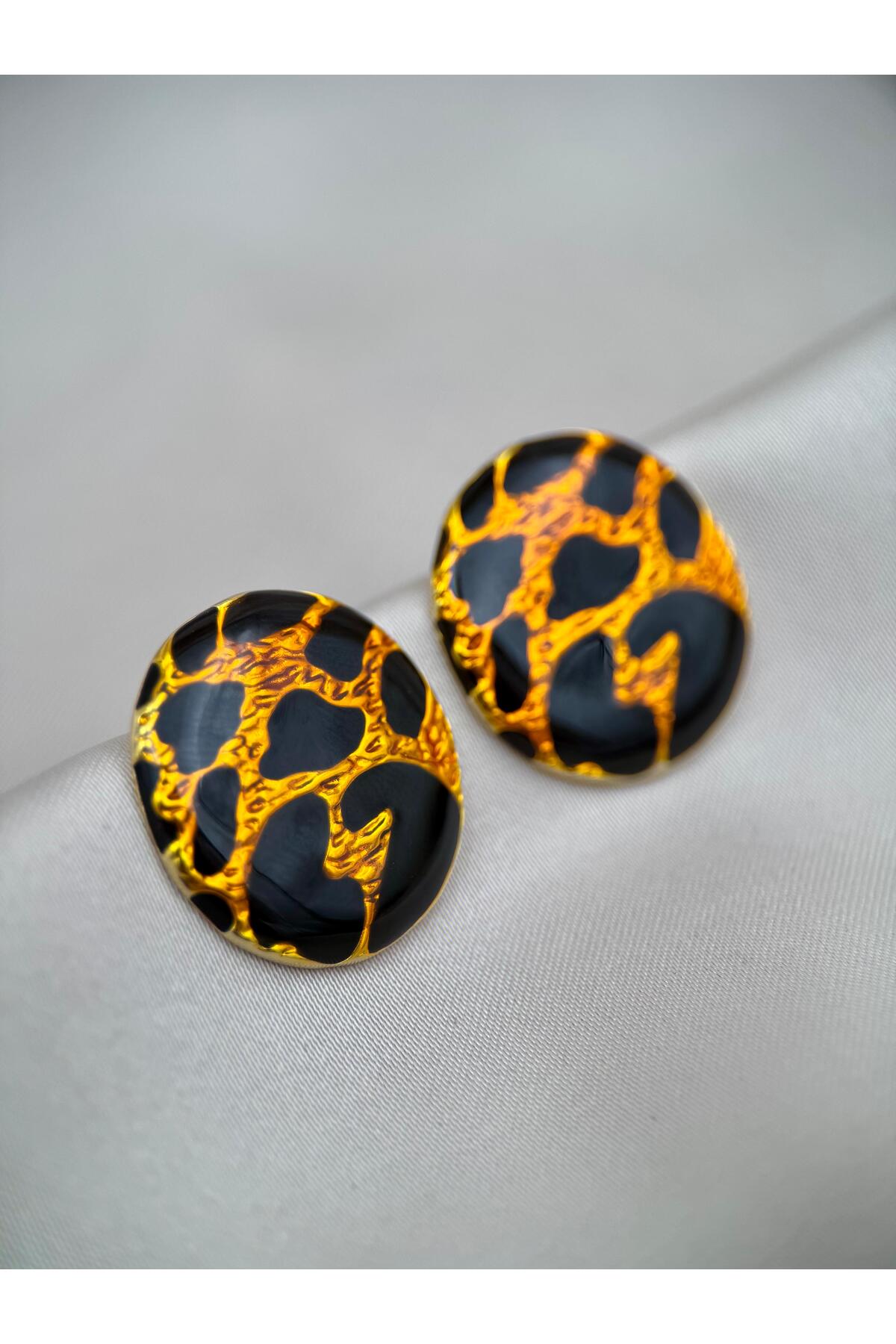 Gold Siyah Leopar Desenli Yuvarlak Küpe