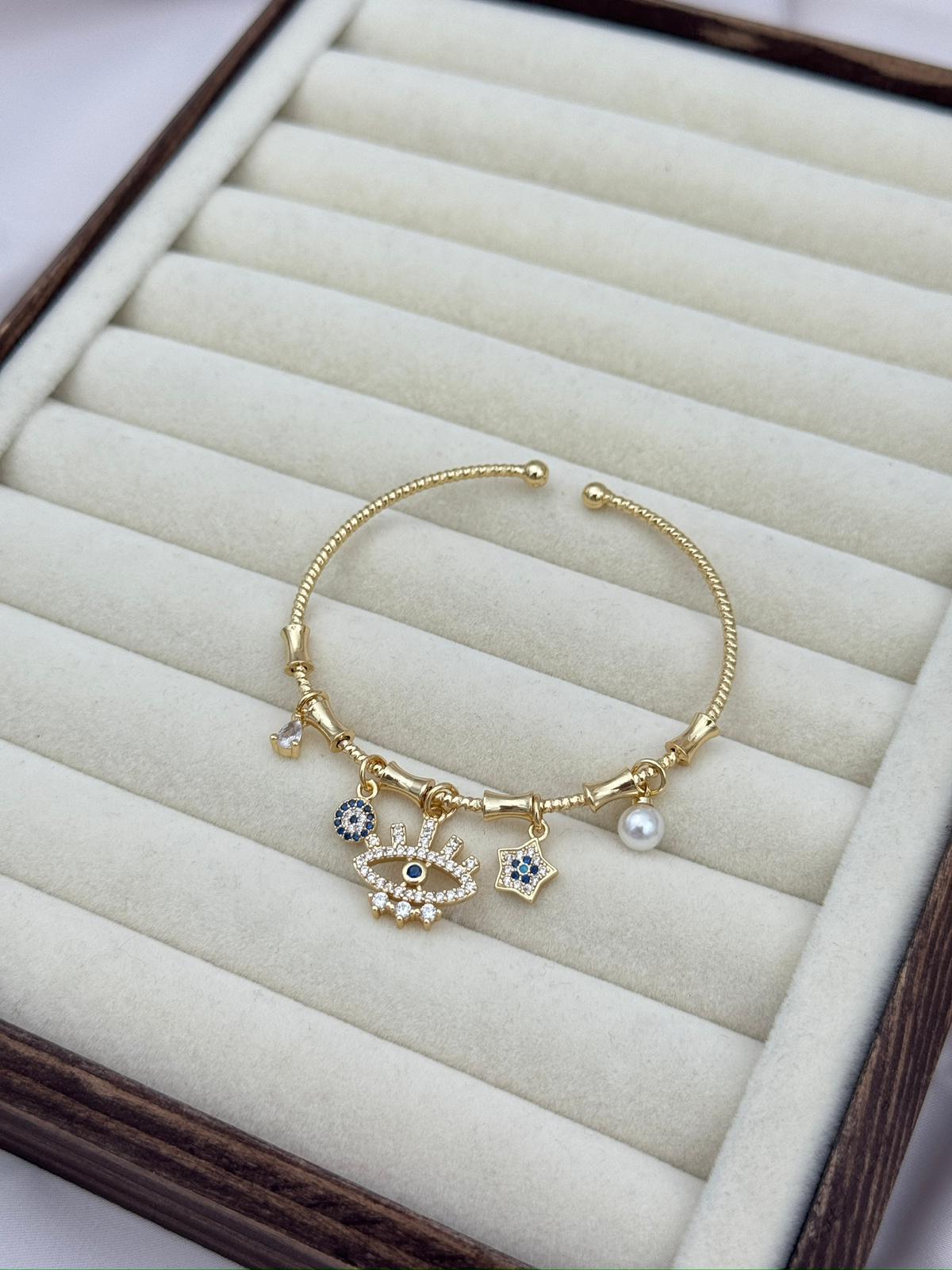 Nazar Gözlü Charm Gold Renk Ayarlanabilir Bileklik