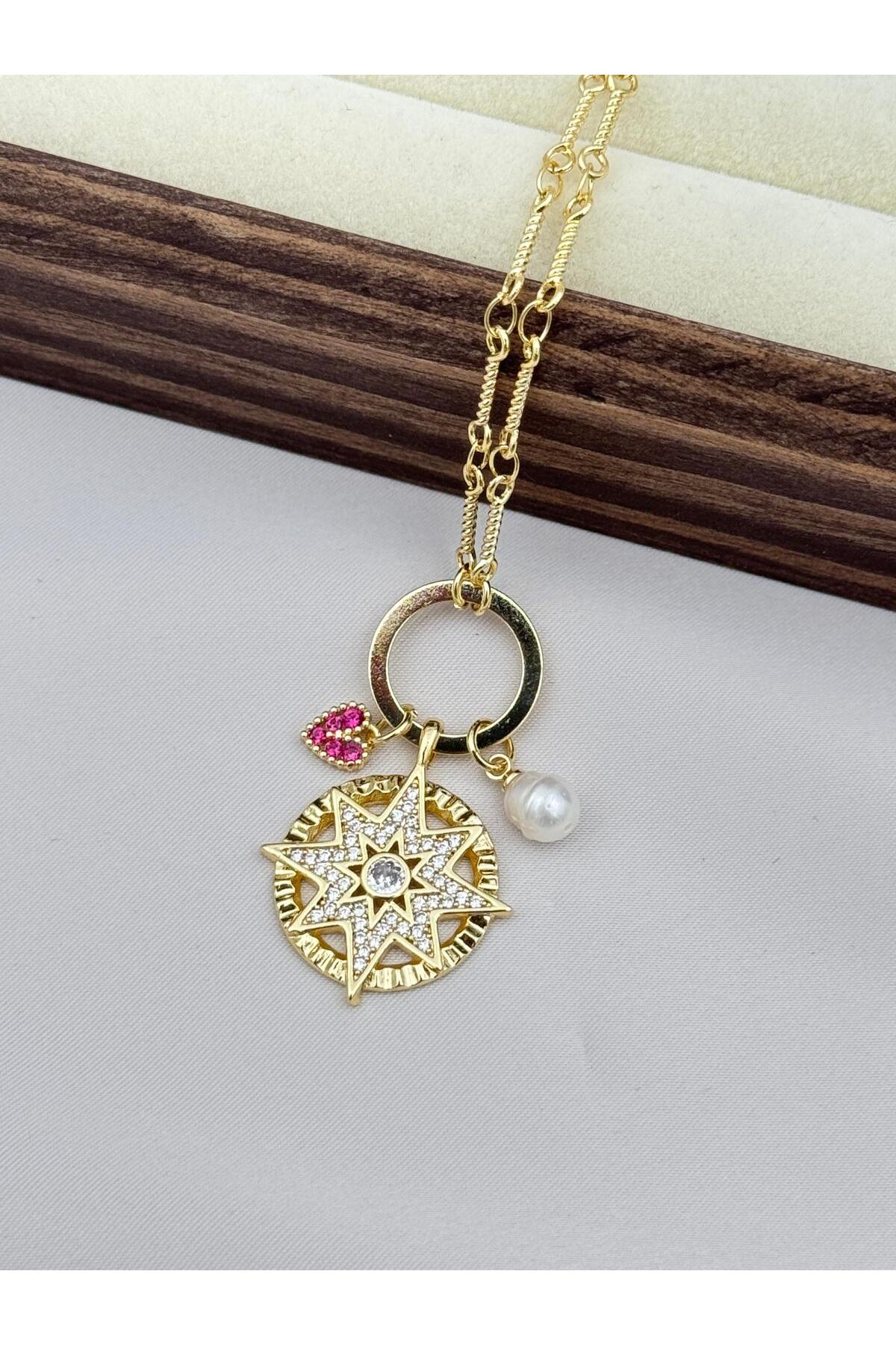 VIP Kalp ve İnci Detaylı Charmlı Kutup Yıldızı 70+5 cm Ayarlanabilir Kolye