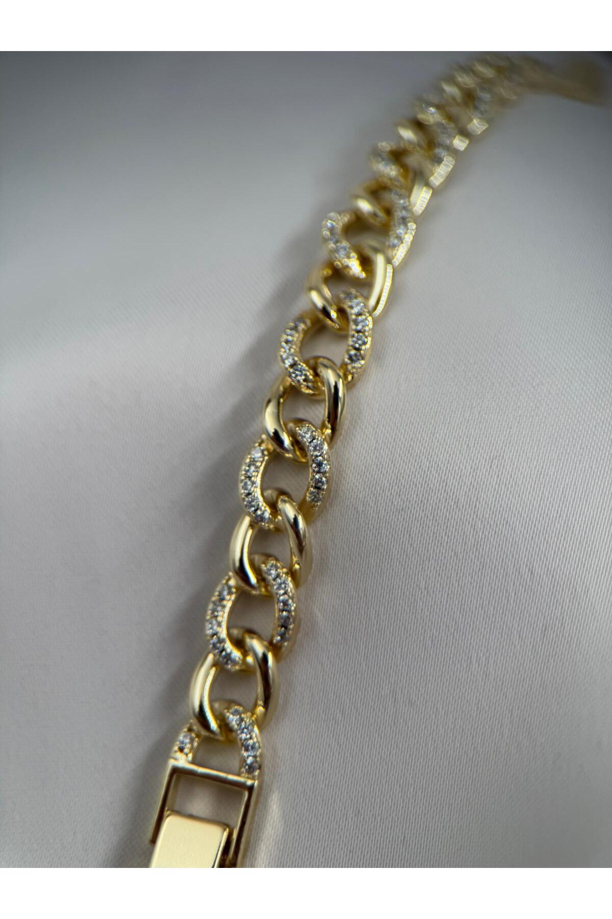 Kadın Taş Detaylı Kalın Zincir 17+2CM Ayarlanabilir Gold Bileklik